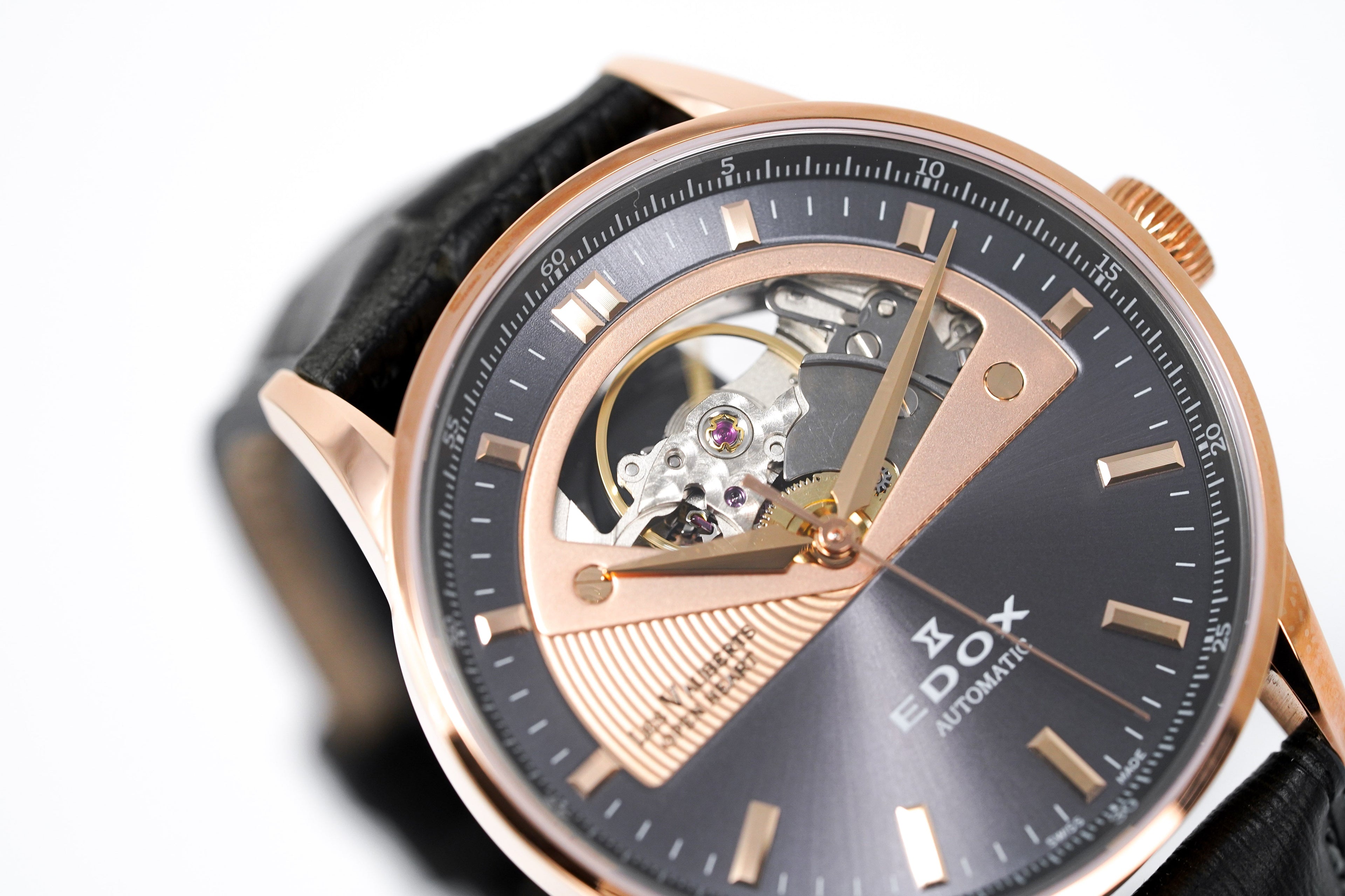 Edox Women's Automatic Watch Les Vauberts Open Heart 37mm Black Rose Gold