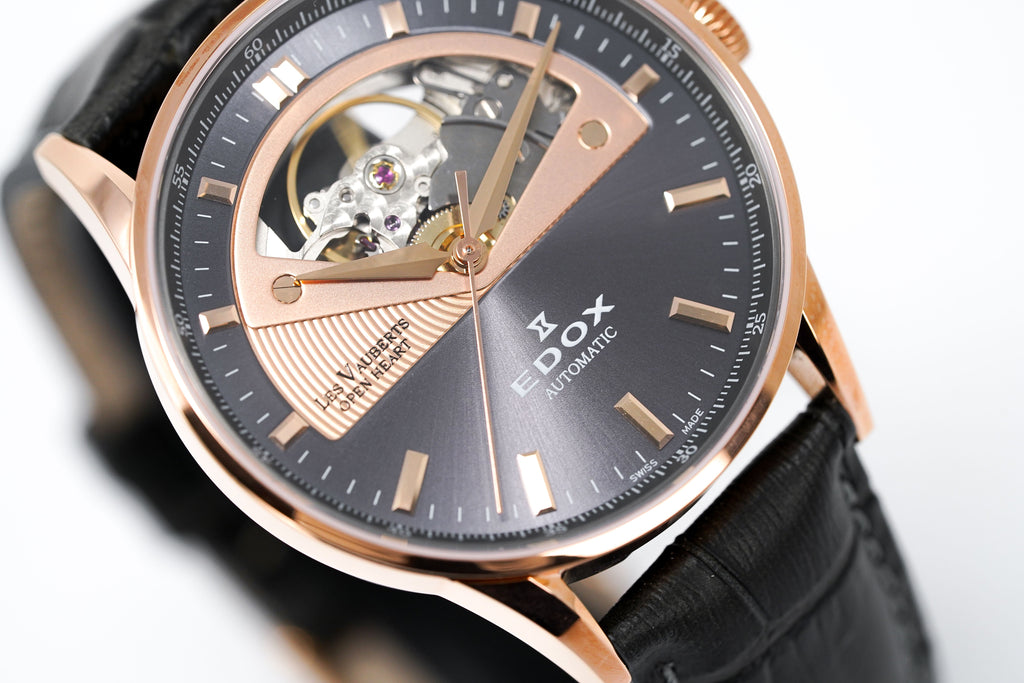 Edox Women's Automatic Watch Les Vauberts Open Heart 37mm Black Rose Gold
