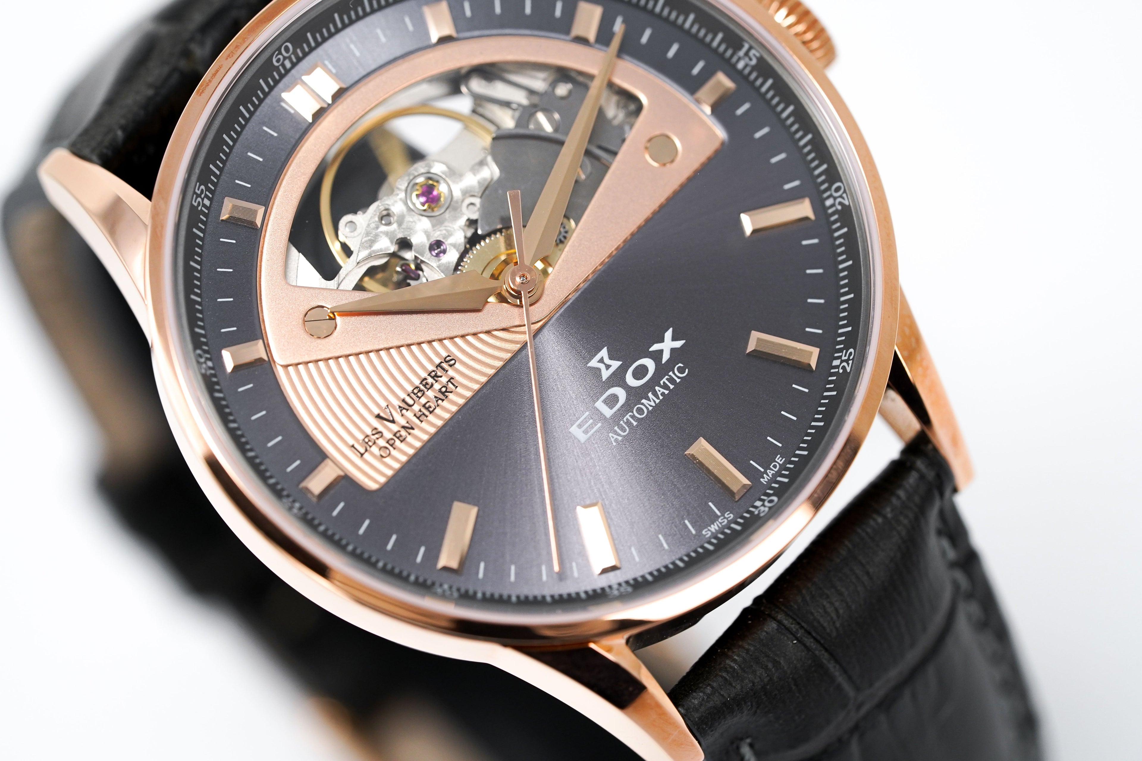 Edox Women's Automatic Watch Les Vauberts Open Heart 37mm Black Rose Gold