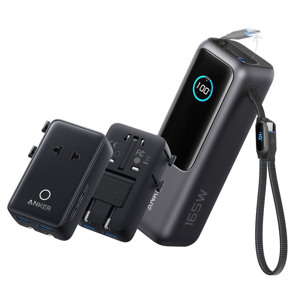 Anker Laptop Power Bank (25K, 165W, Built-In and Retractable Cables) and Anker Nano Travel Adapter (5-in-1, 20W, 1-Pack)
