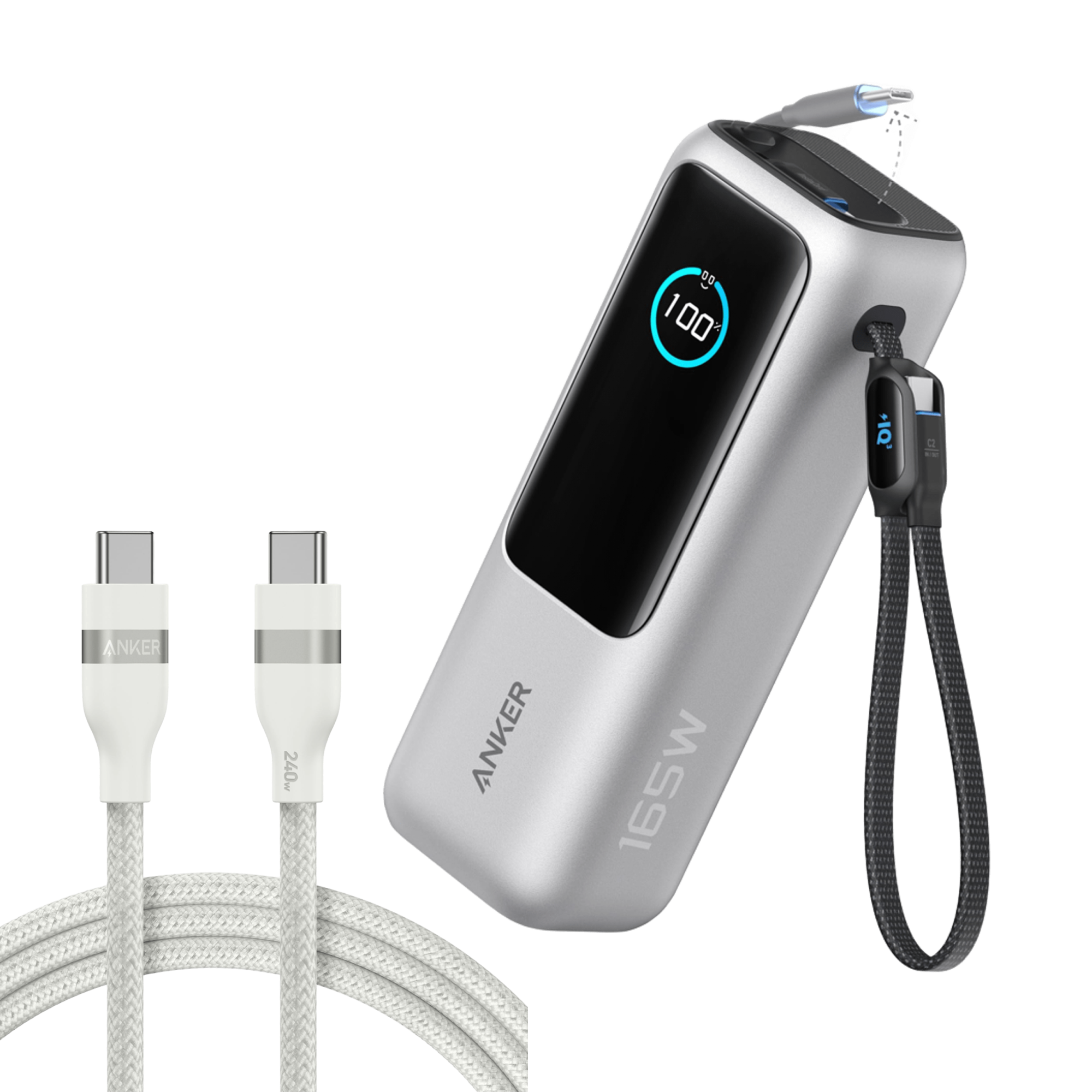 Anker Laptop Power Bank (25K, 165W, Built-In and Retractable Cables) and Anker USB-C to USB-C Cable (6 ft, 240W, Upcycled-Braided)