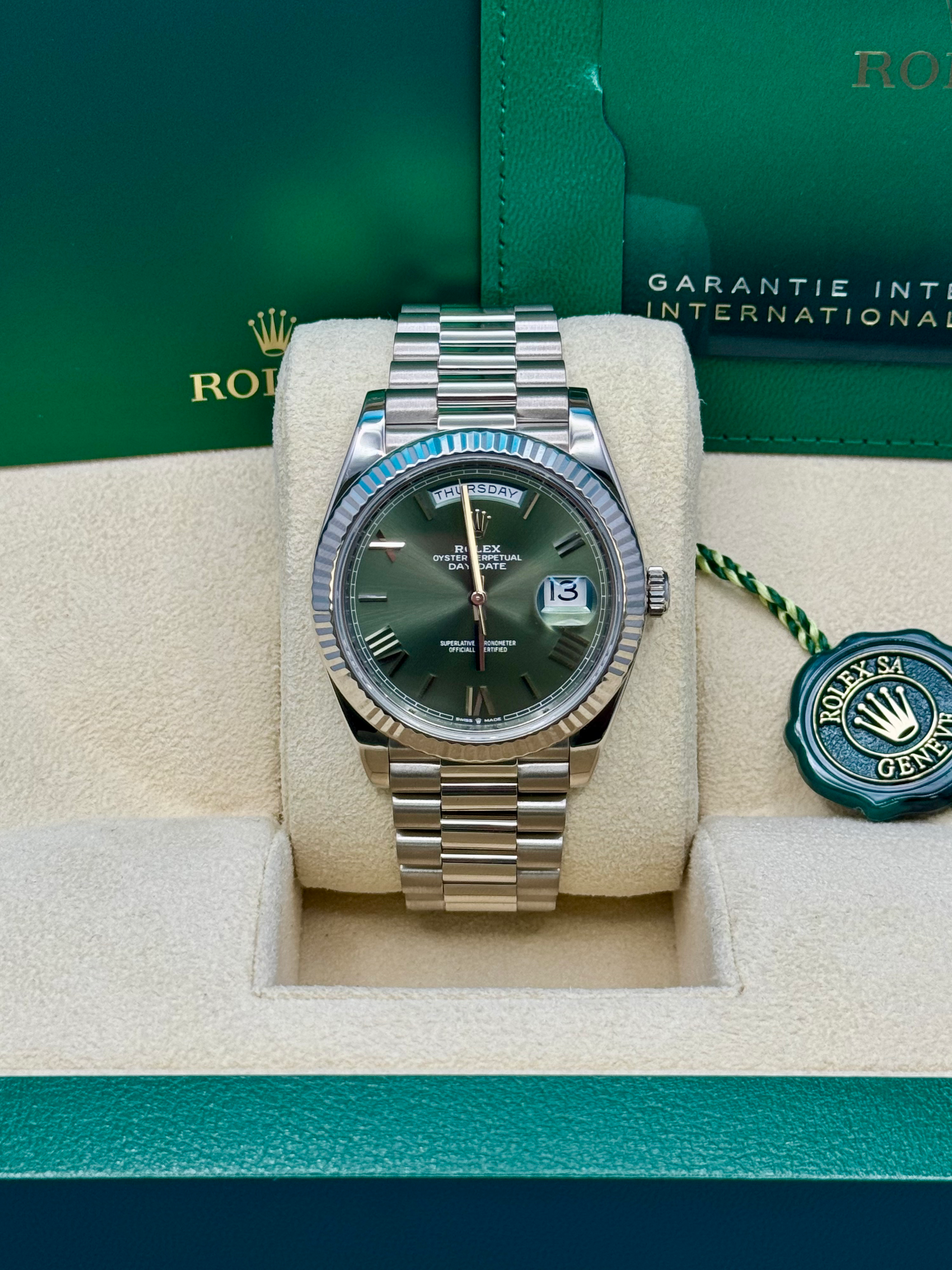 Rolex White Gold Day-Date 40  - Olive Green Bevelled Roman Dial - President Bracelet - 228239 ogrp