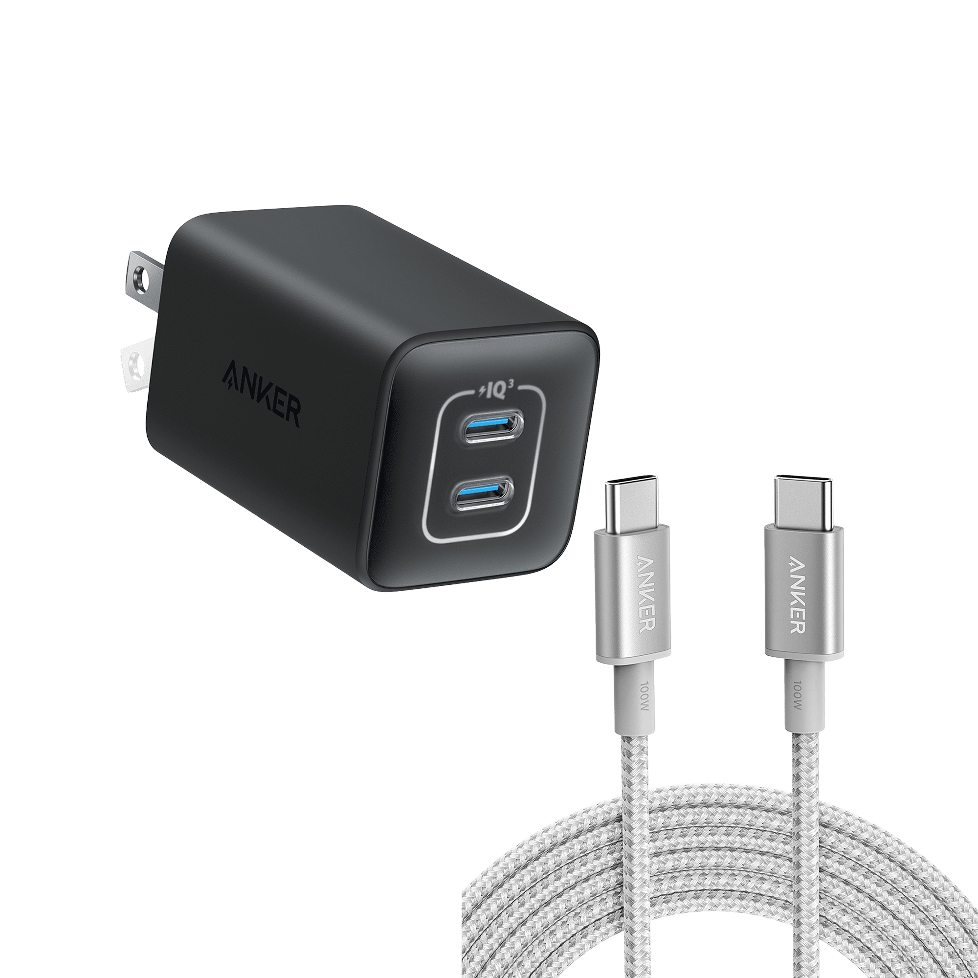 Anker <b>523</b> Charger (Nano 3, 47W) and New Nylon USB-C to USB-C 100W Cable (10 ft)