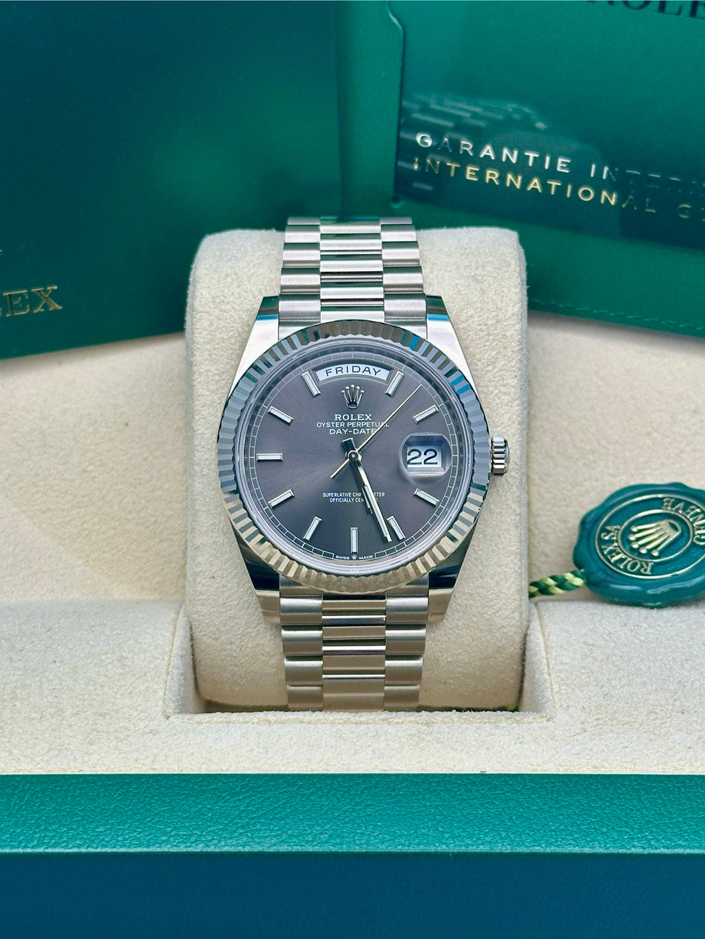 Rolex White Gold Day-Date 40  - Dark Rhodium Dial - President Bracelet - 228239