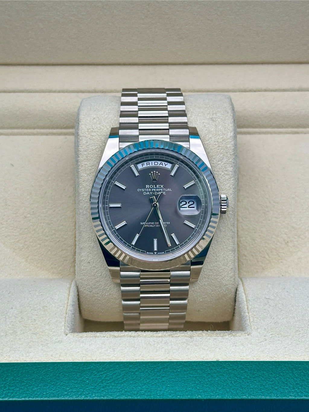 Rolex White Gold Day-Date 40  - Dark Rhodium Dial - President Bracelet - 228239