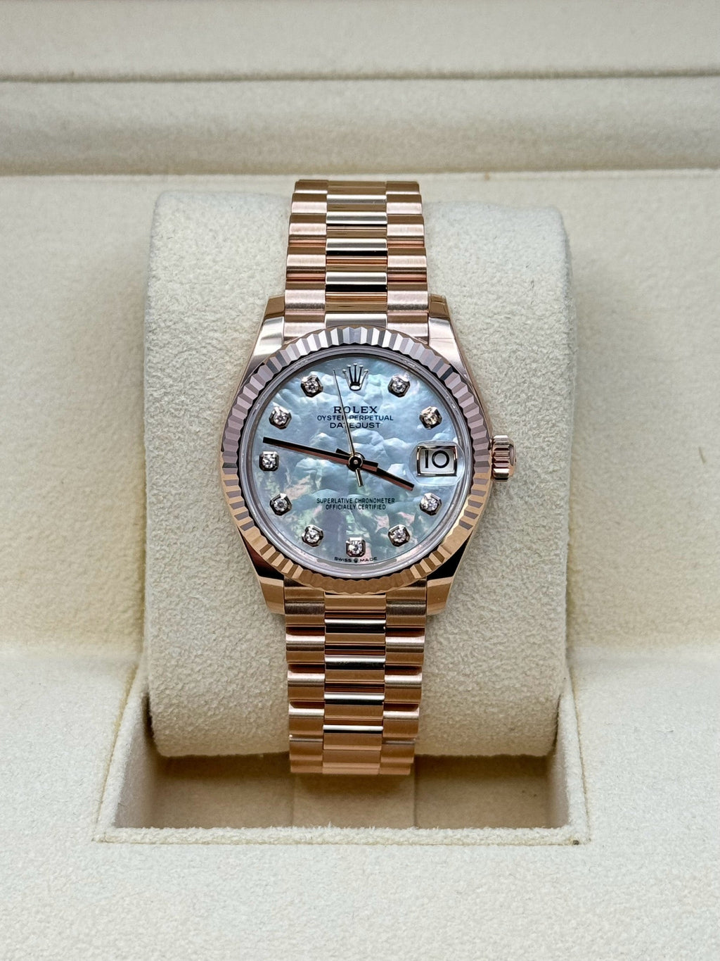 Rolex Everose Gold Datejust 31 Watch - Fluted Bezel - Mother Of Pearl Dial - President Bracelet - 278275 mdp