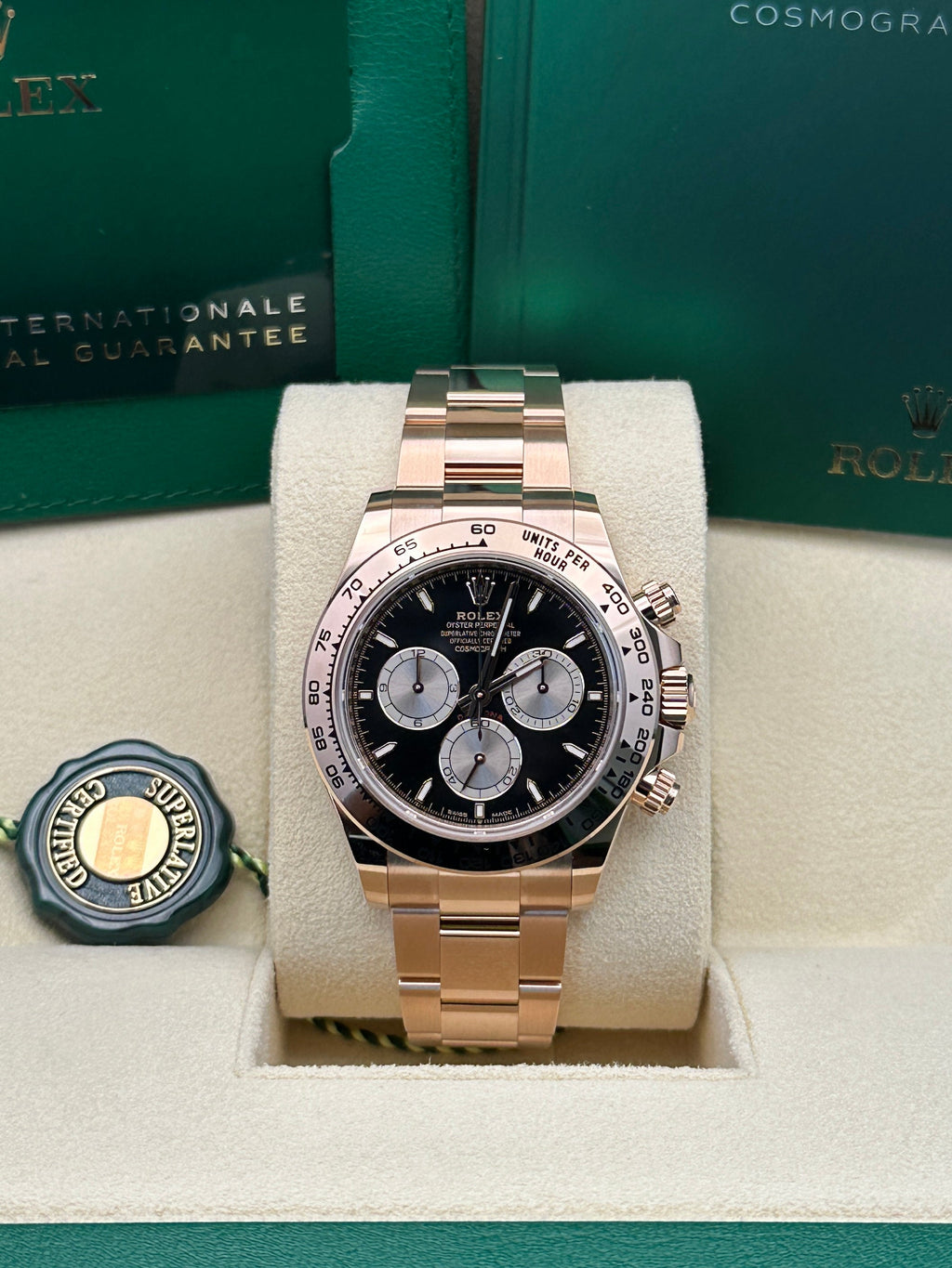 Rolex Everose Gold Cosmograph Daytona Watch - Fixed Bezel - Black And Sundust Index Dial