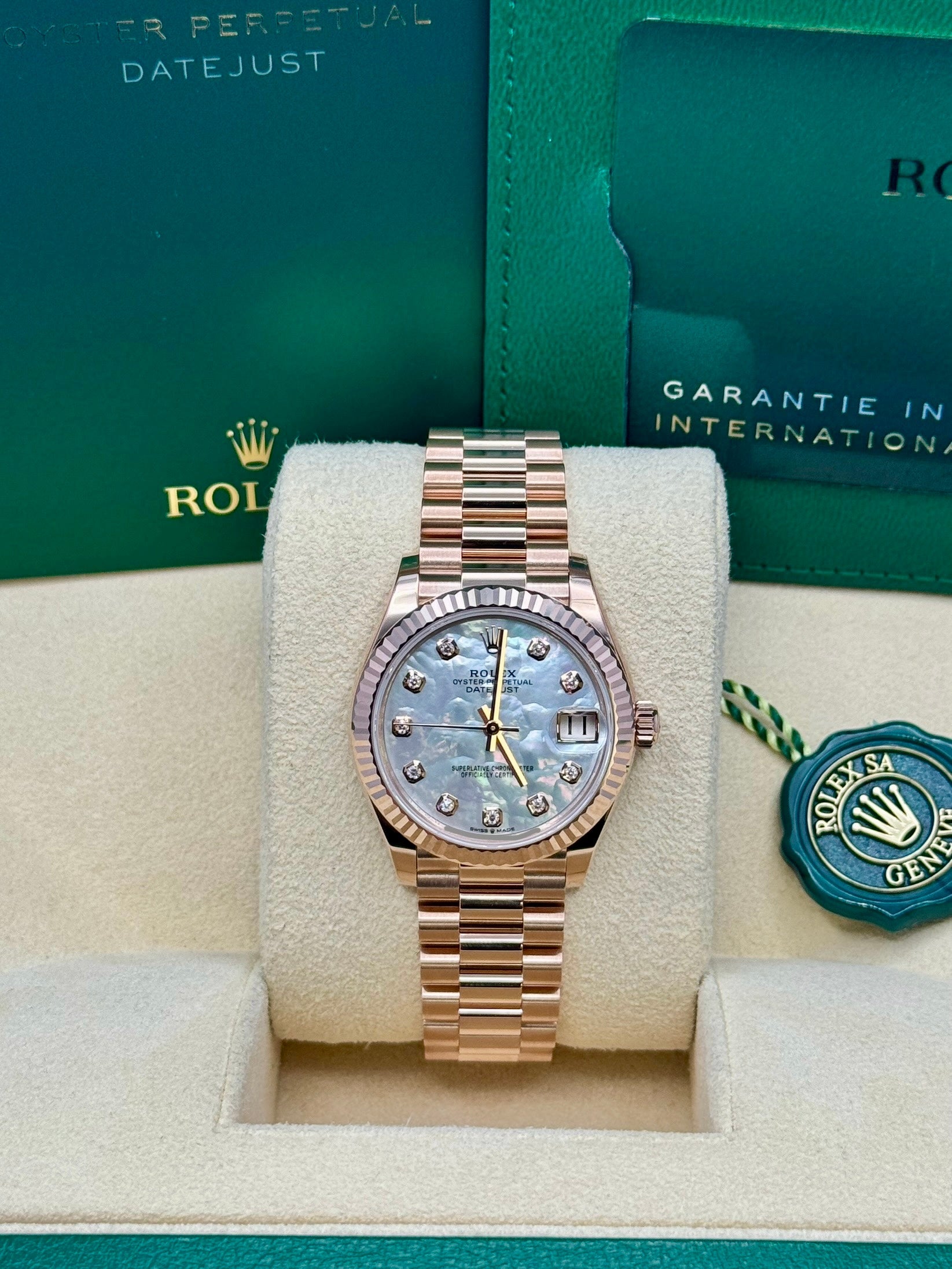 Rolex Everose Gold Datejust 31 Watch - Fluted Bezel - Mother Of Pearl Dial - President Bracelet - 278275 mdp