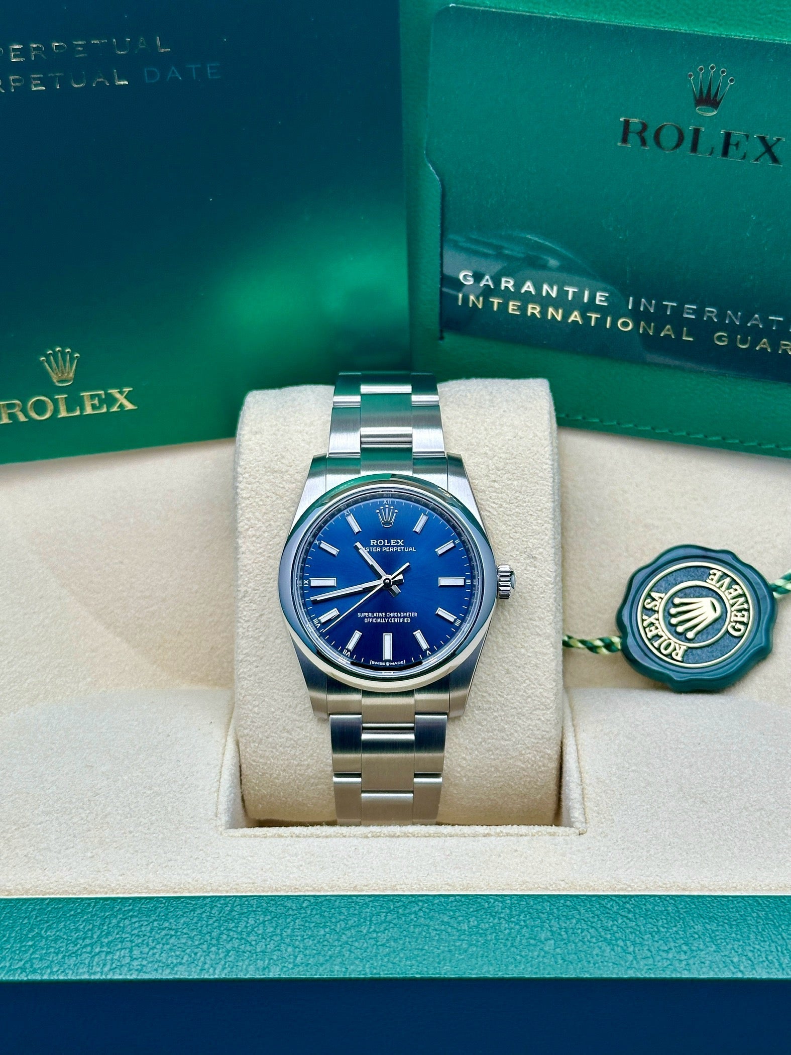 Rolex Oyster Perpetual 34 Watch - Domed Bezel - Blue Index Dial