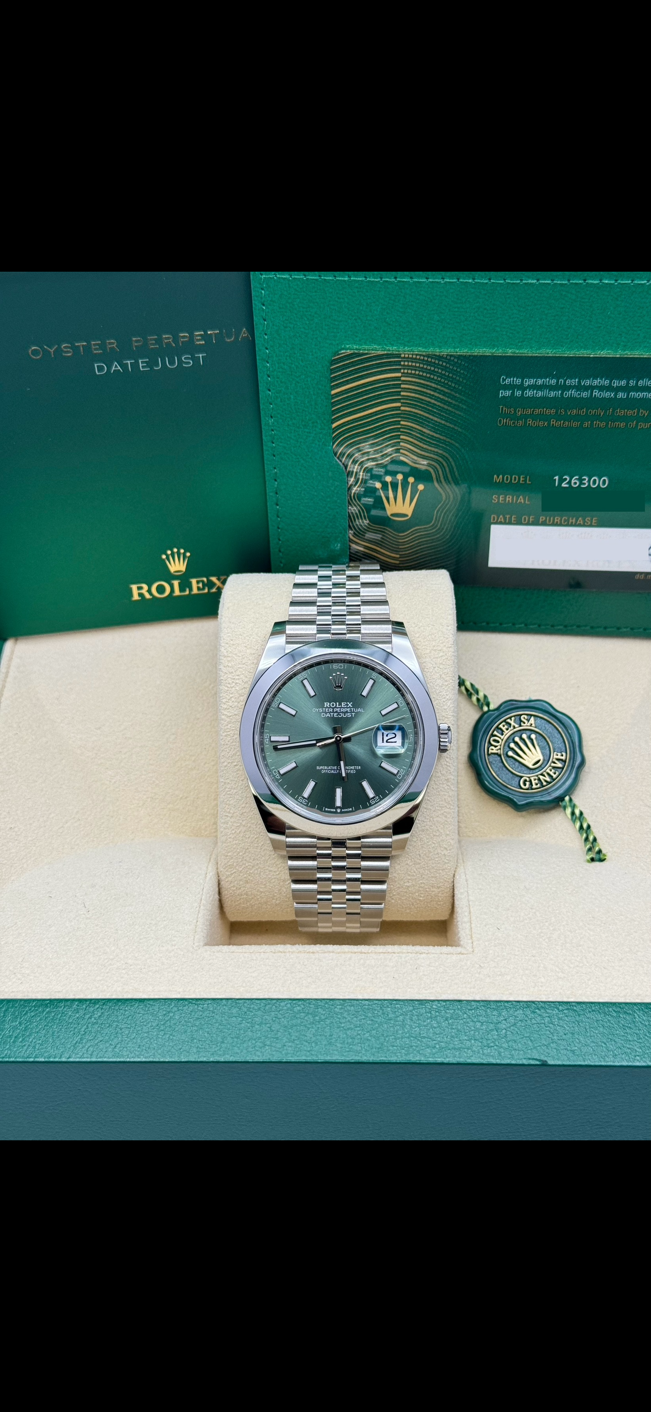 Rolex Steel Datejust 41  - Smooth Bezel - Mint Green Index Dial - Jubilee Bracelet - 126300 mgj