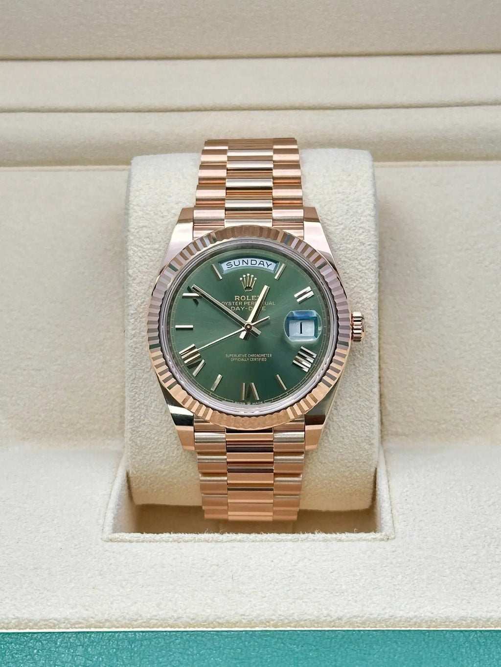 Rolex Everose Gold Day-Date 40 - Olive Green Bevelled Roman Dial - President Bracelet - 228235 ogrp