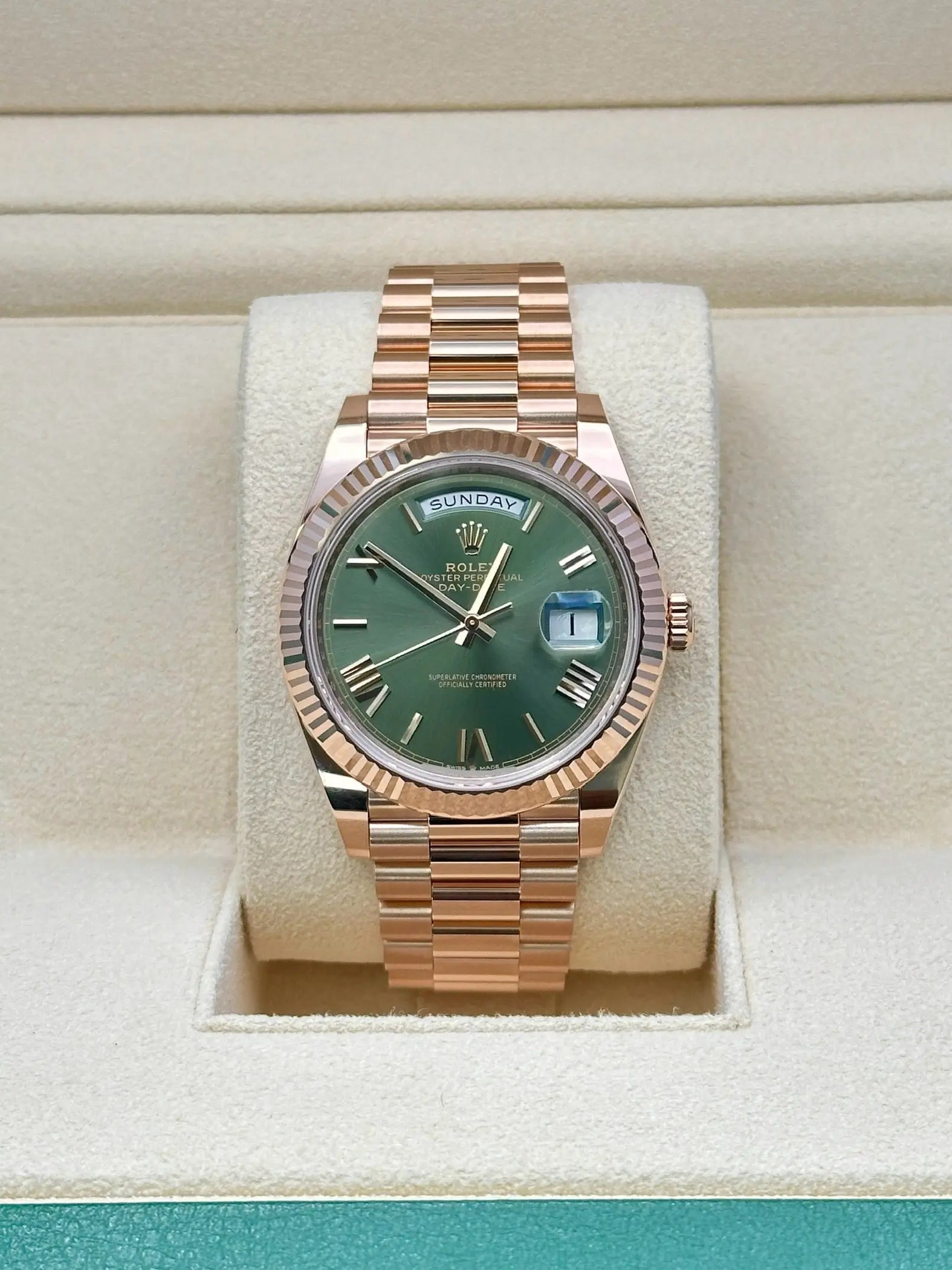 Rolex Everose Gold Day-Date 40 - Olive Green Bevelled Roman Dial - President Bracelet - 228235 ogrp