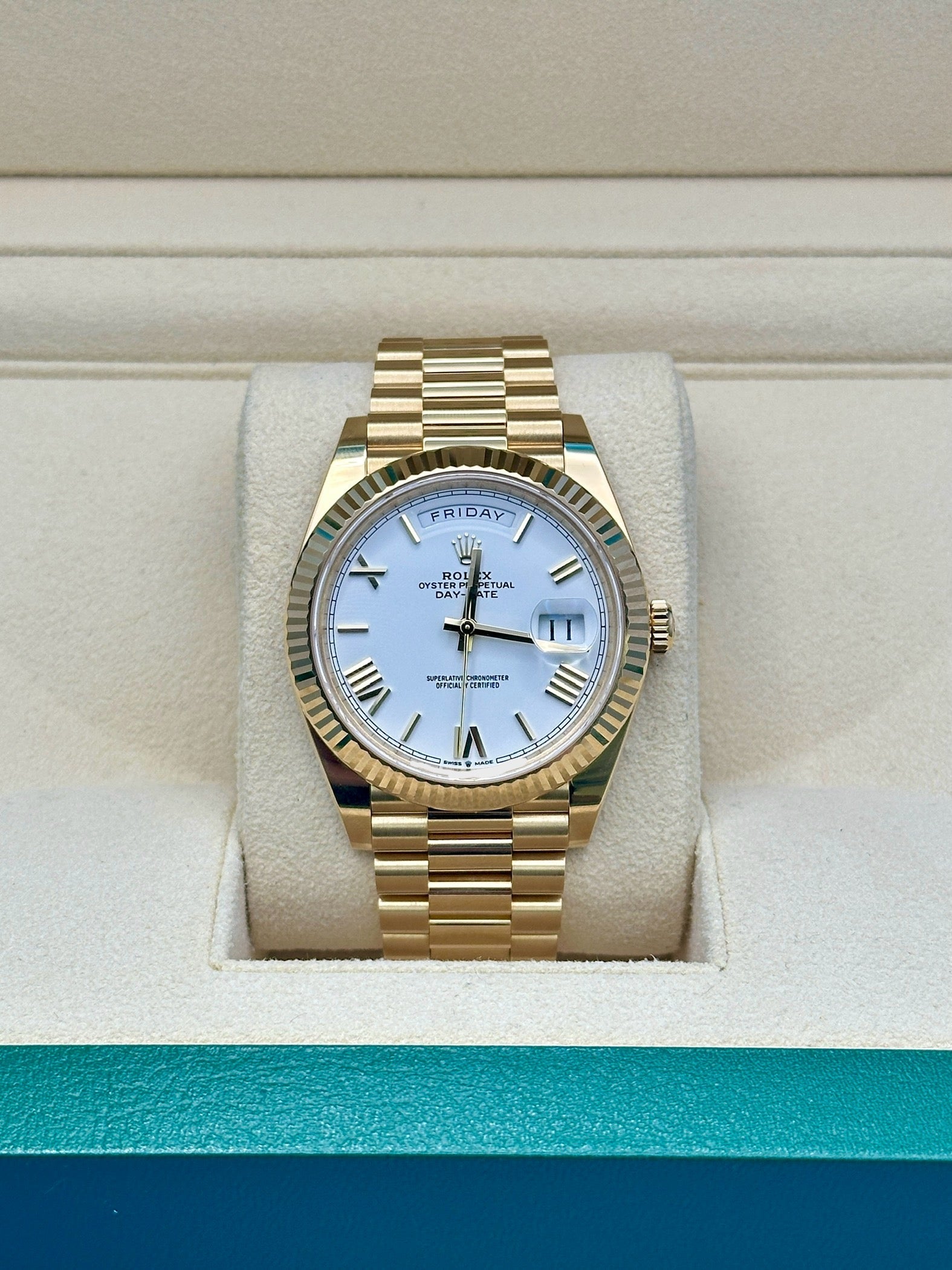 Rolex Yellow Gold Day-Date 40  - White Bevelled Roman Dial - President Bracelet - 228238 wrp