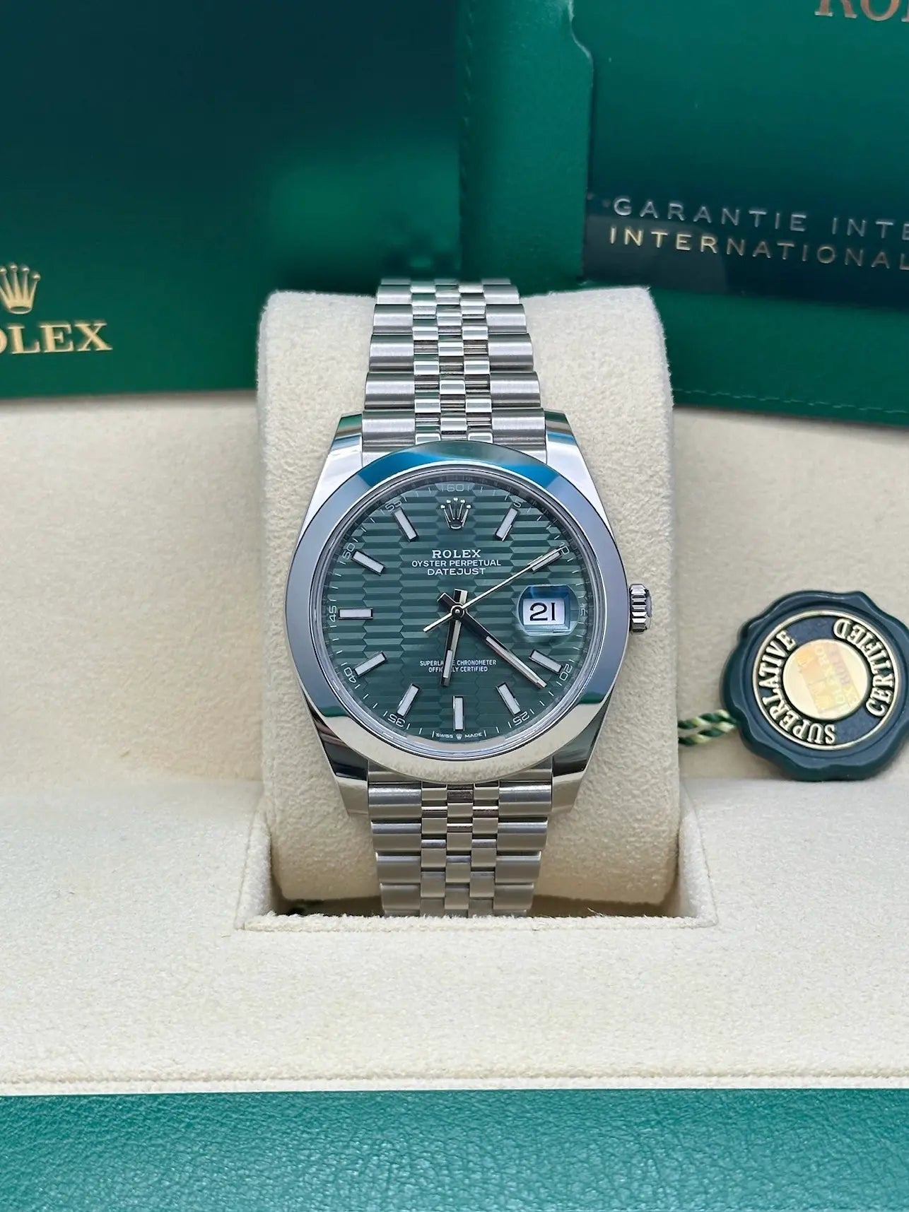 Rolex Oystersteel Datejust 41  - Smooth Bezel - Green Motif Dial - Jubilee Bracelet - 126300GMDJ