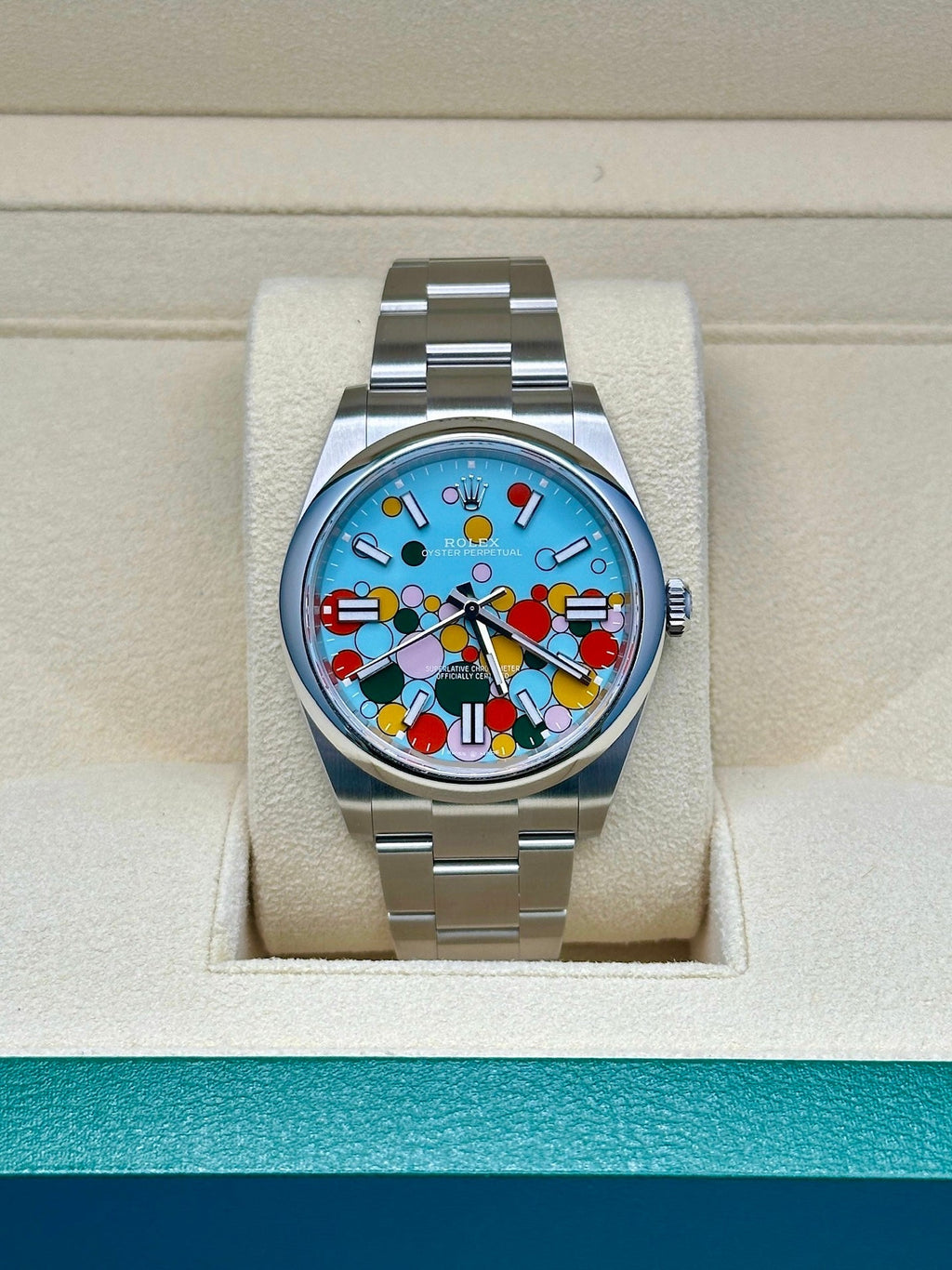 Rolex Oyster Perpetual 41 Turquoise Blue Celebration-motif Dial Stainless Steel Oyster 124300