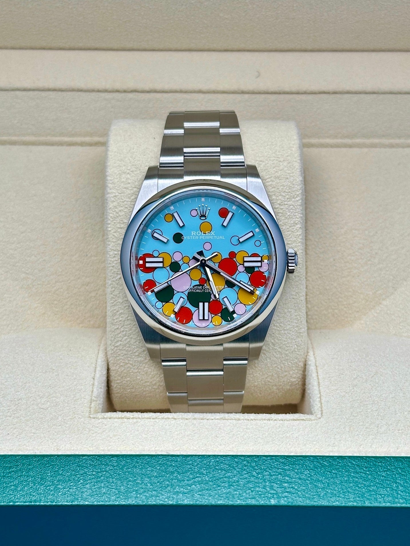 Rolex Oyster Perpetual 41 Turquoise Blue Celebration-motif Dial Stainless Steel Oyster 124300