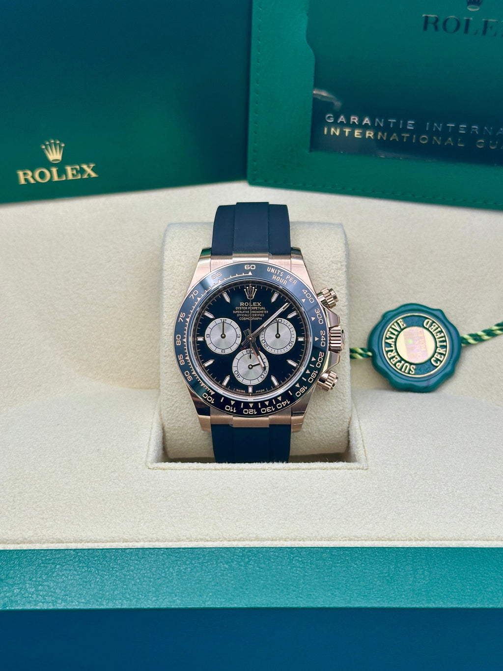 Rolex Everose Gold Cosmograph Daytona Watch - Black Cerachrom Bezel - Black And Sundust Index Dial - Oysterflex Strap