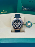 Rolex Everose Gold Cosmograph Daytona Watch - Black Cerachrom Bezel - Black And Sundust Index Dial - Oysterflex Strap