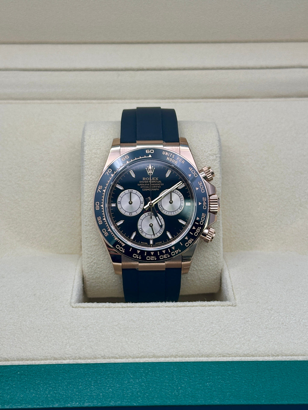 Rolex Everose Gold Cosmograph Daytona Watch - Black Cerachrom Bezel - Black And Sundust Index Dial - Oysterflex Strap