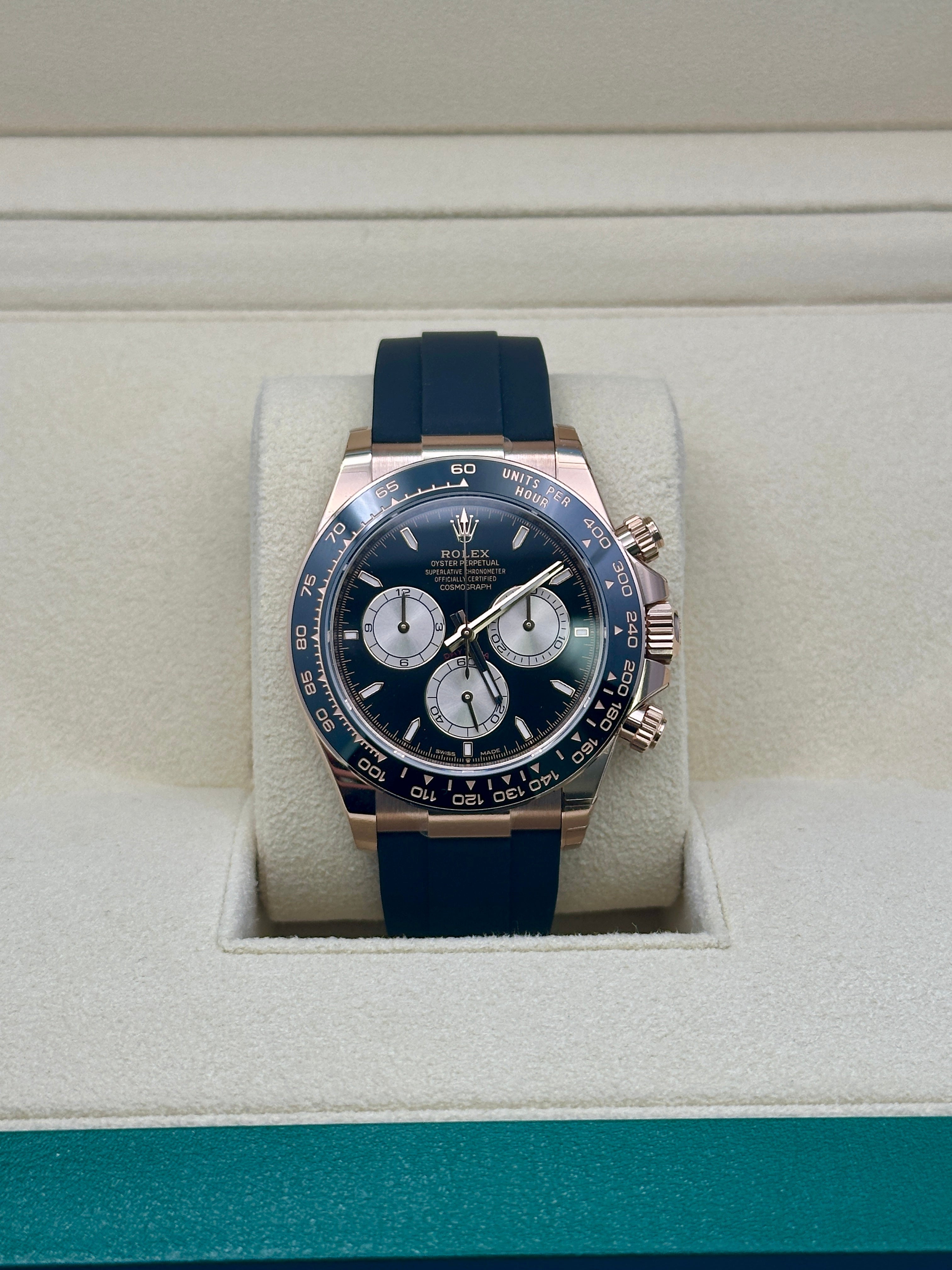 Rolex Everose Gold Cosmograph Daytona Watch - Black Cerachrom Bezel - Black And Sundust Index Dial - Oysterflex Strap