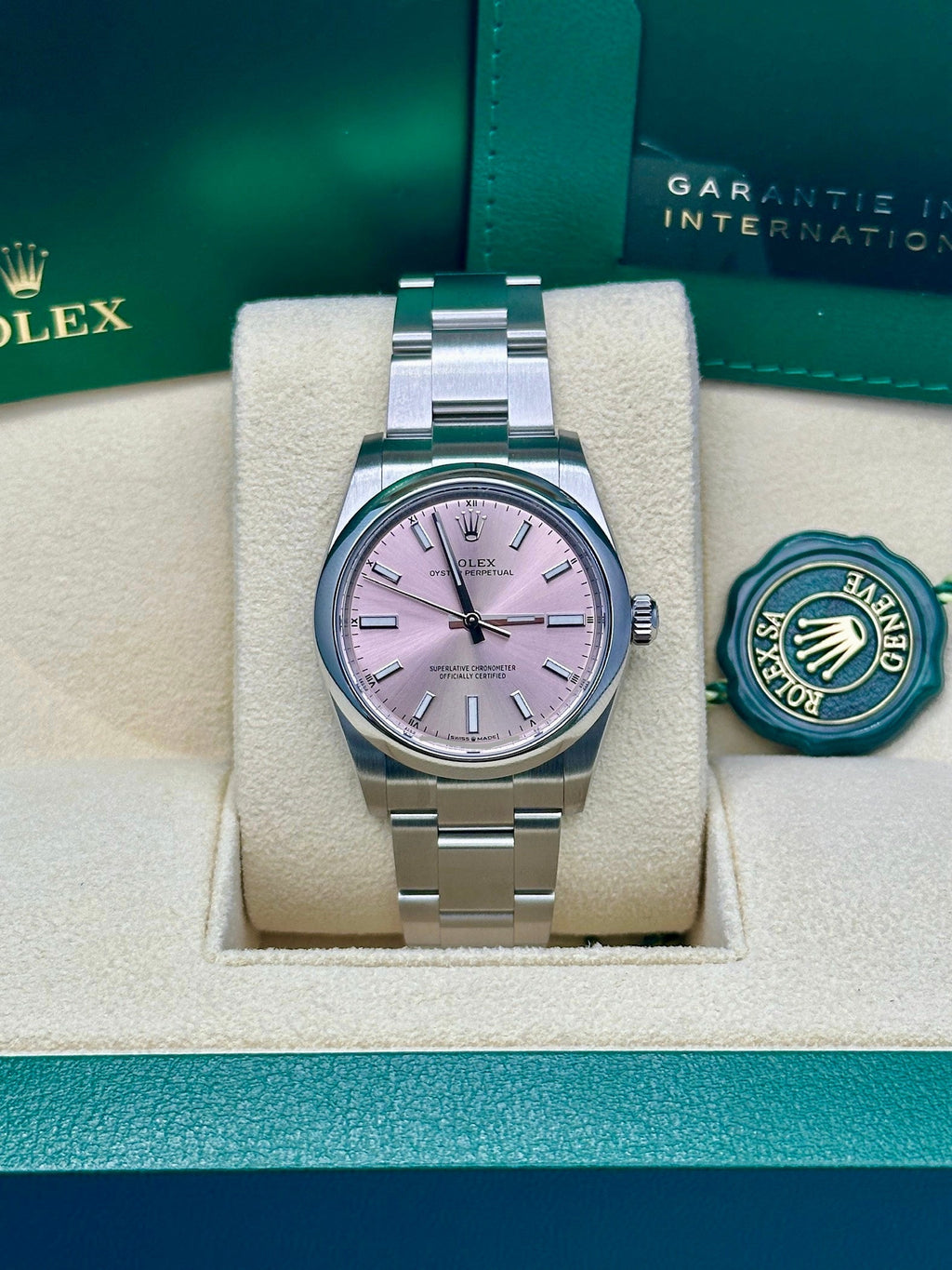 Rolex Oyster Perpetual 34 Watch - Domed Bezel - Pink Index Dial