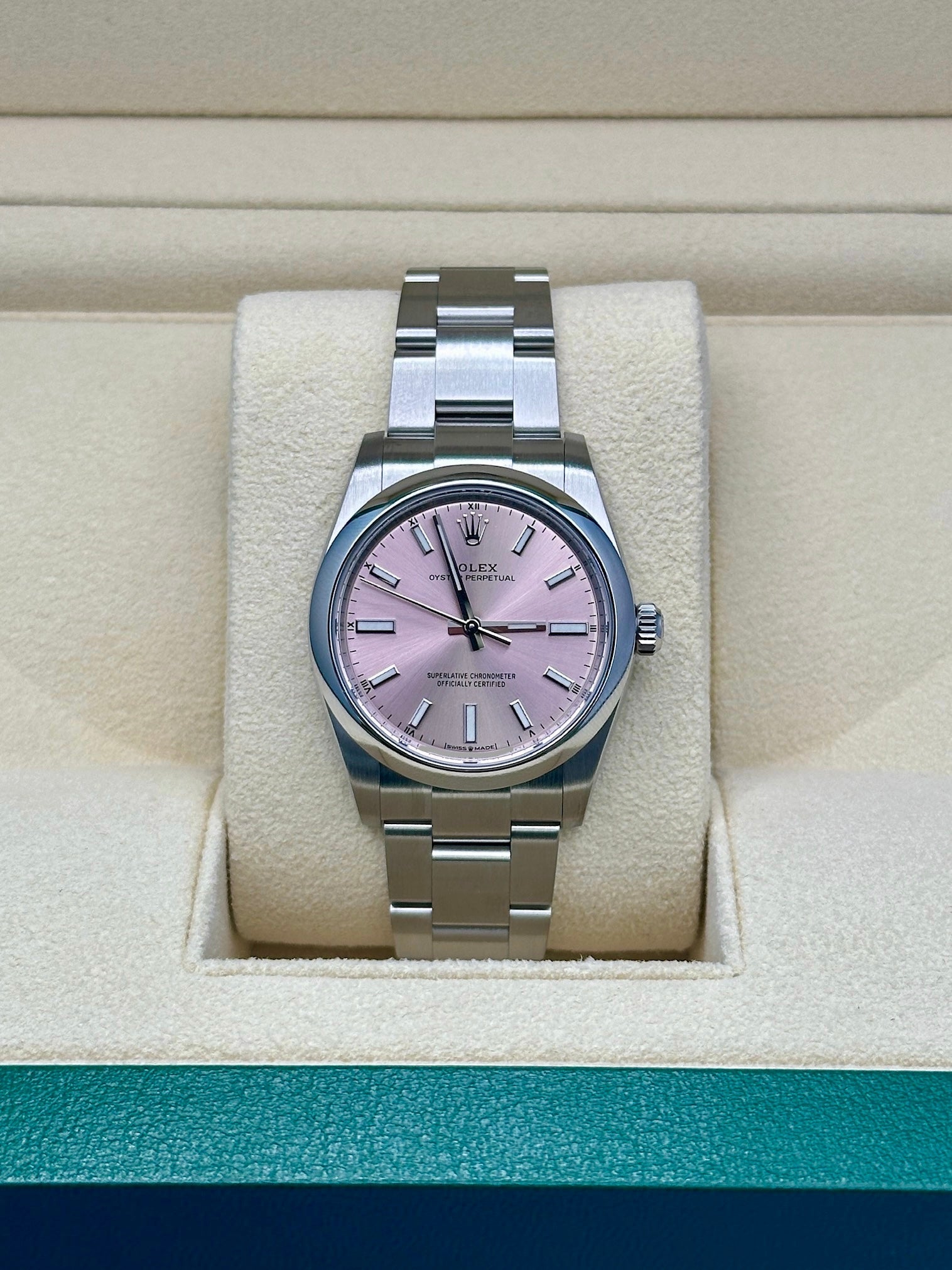 Rolex Oyster Perpetual 34 Watch - Domed Bezel - Pink Index Dial