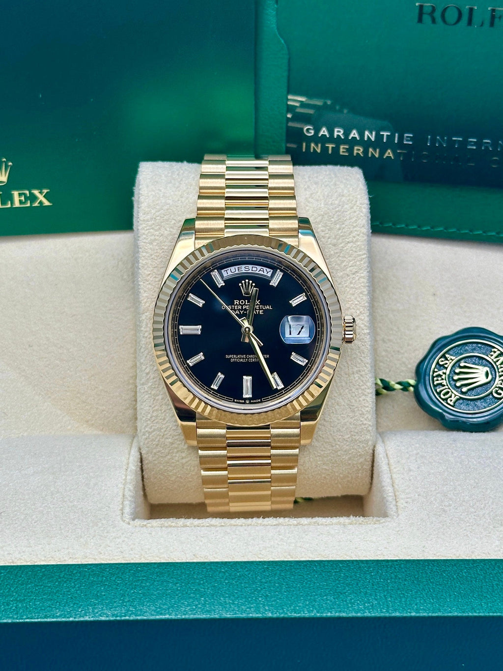 Rolex Yellow Gold Day-Date 40  - Black Baguette Diamond Dial - President Bracelet - 228238 bkbdp