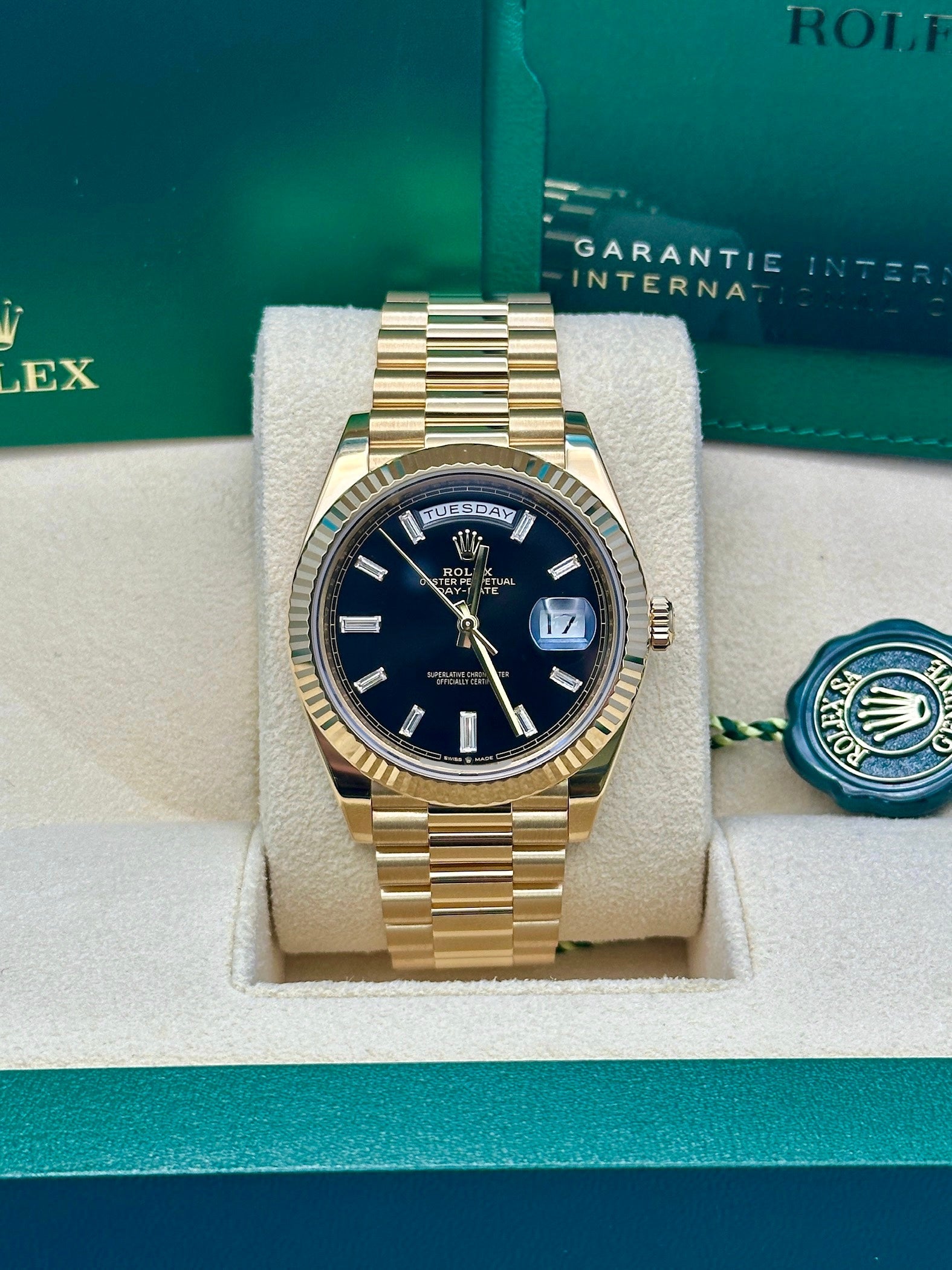 Rolex Yellow Gold Day-Date 40  - Black Baguette Diamond Dial - President Bracelet - 228238 bkbdp