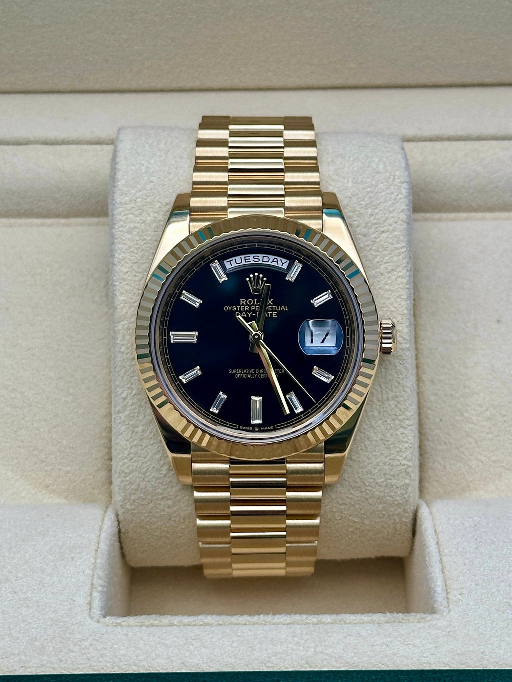 Rolex Yellow Gold Day-Date 40  - Black Baguette Diamond Dial - President Bracelet - 228238 bkbdp