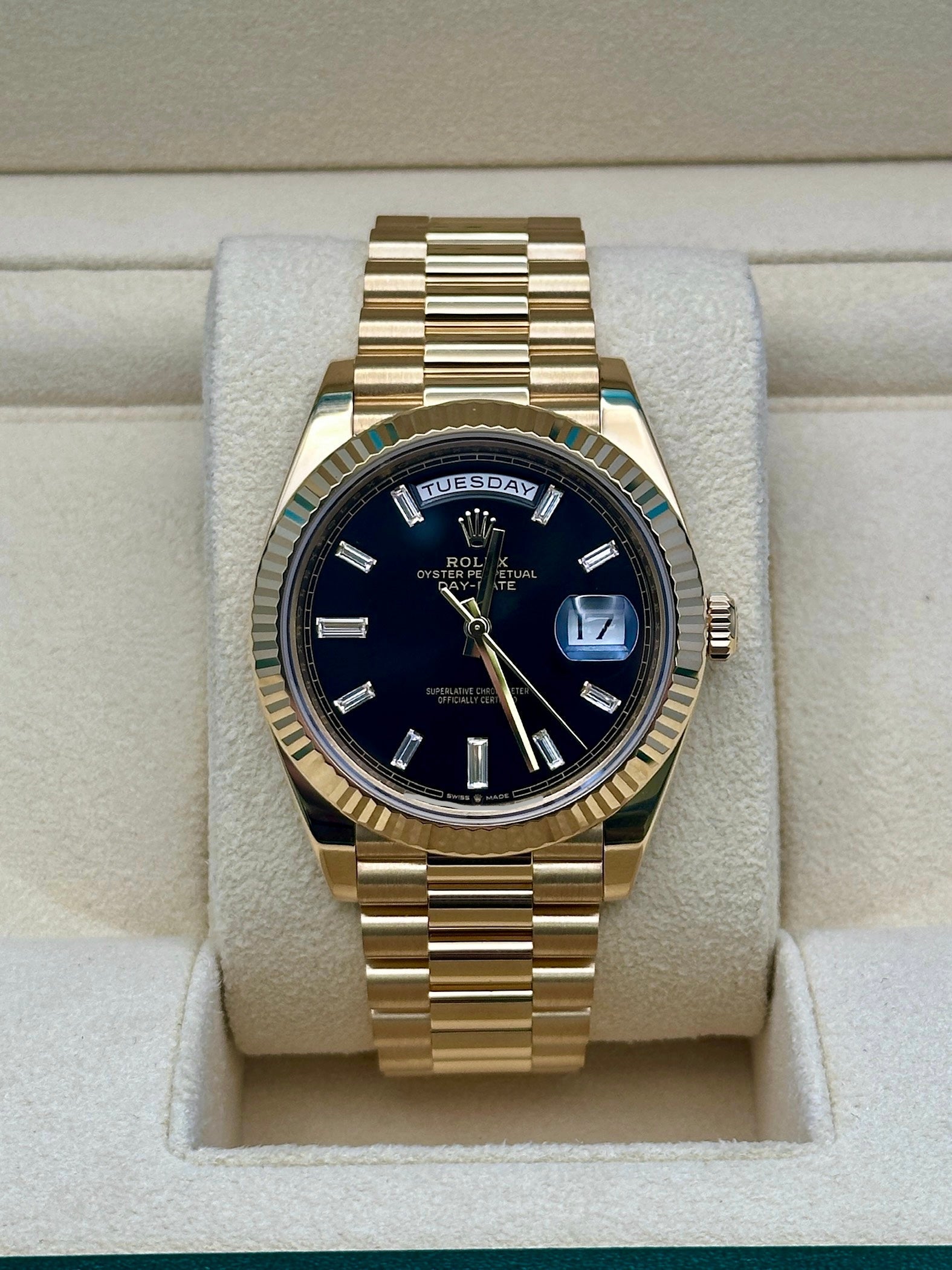 Rolex Yellow Gold Day-Date 40  - Black Baguette Diamond Dial - President Bracelet - 228238 bkbdp