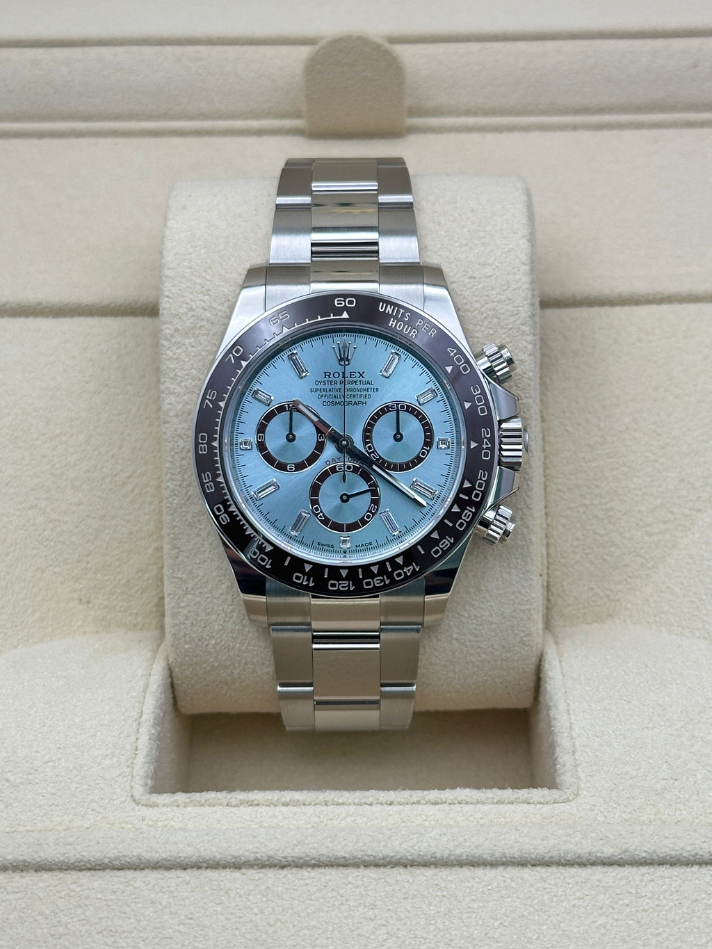 Rolex Platinum  Daytona  - Chestnut Brown Cerachrom Bezel - Ice Blue Baguette Dial - Oyster Bracelet - 126506 icebag