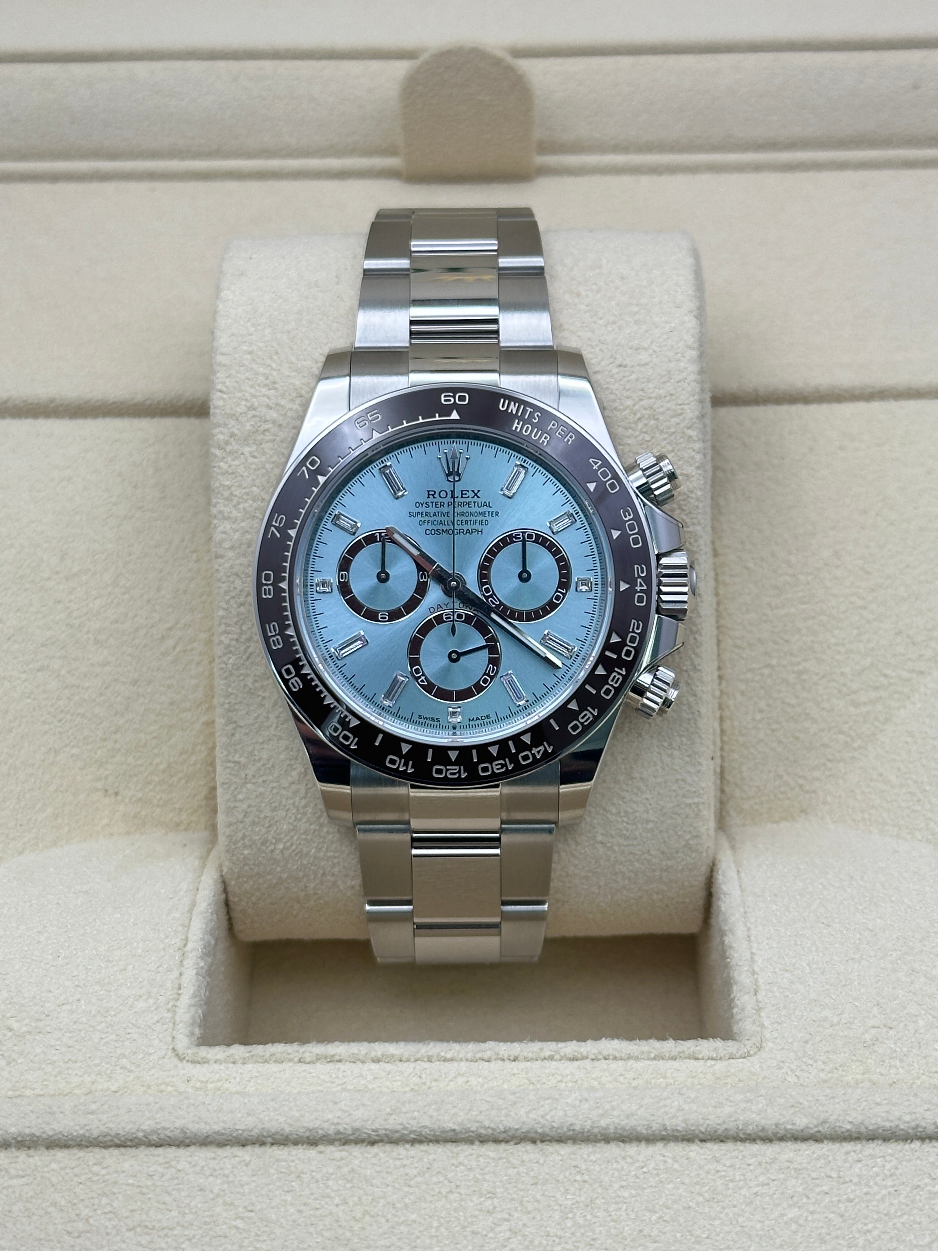 Rolex Platinum  Daytona  - Chestnut Brown Cerachrom Bezel - Ice Blue Baguette Dial - Oyster Bracelet - 126506 icebag