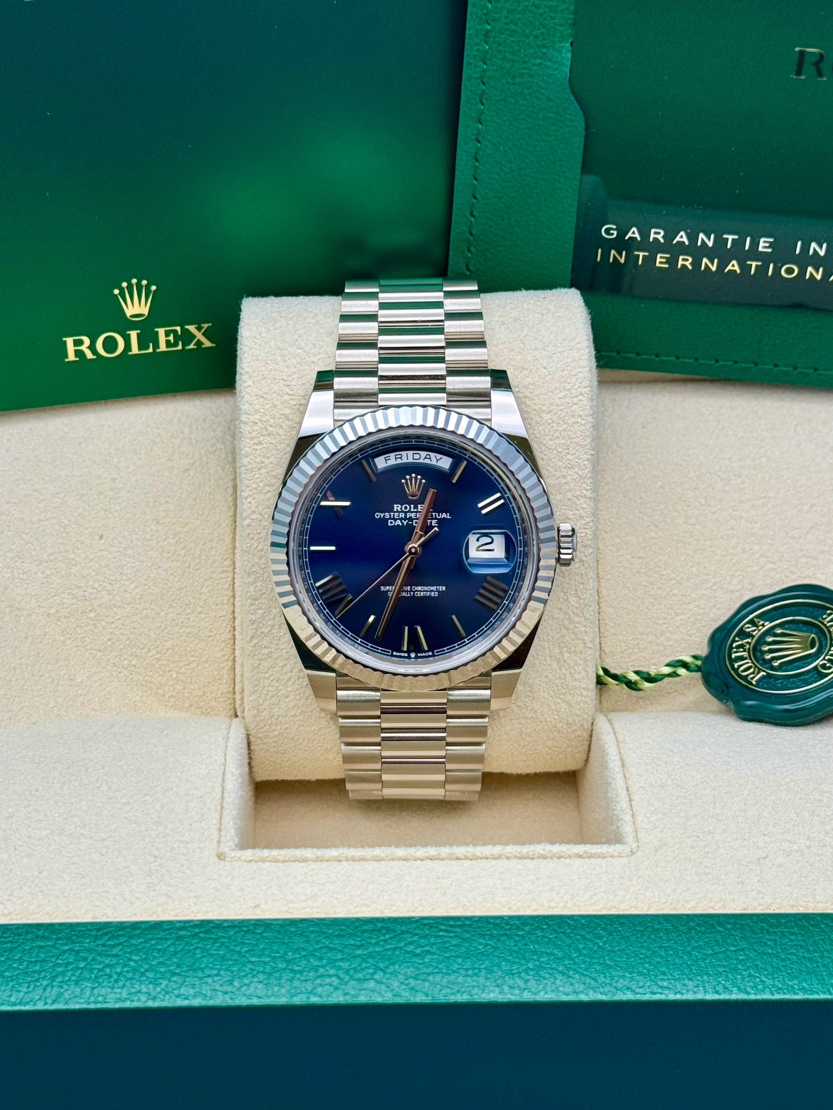 Rolex White Gold Day-Date 40  - Blue Bevelled Roman Dial - President Bracelet - 228239 blrp