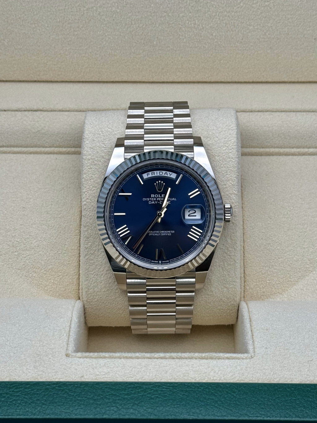 Rolex White Gold Day-Date 40  - Blue Bevelled Roman Dial - President Bracelet - 228239 blrp