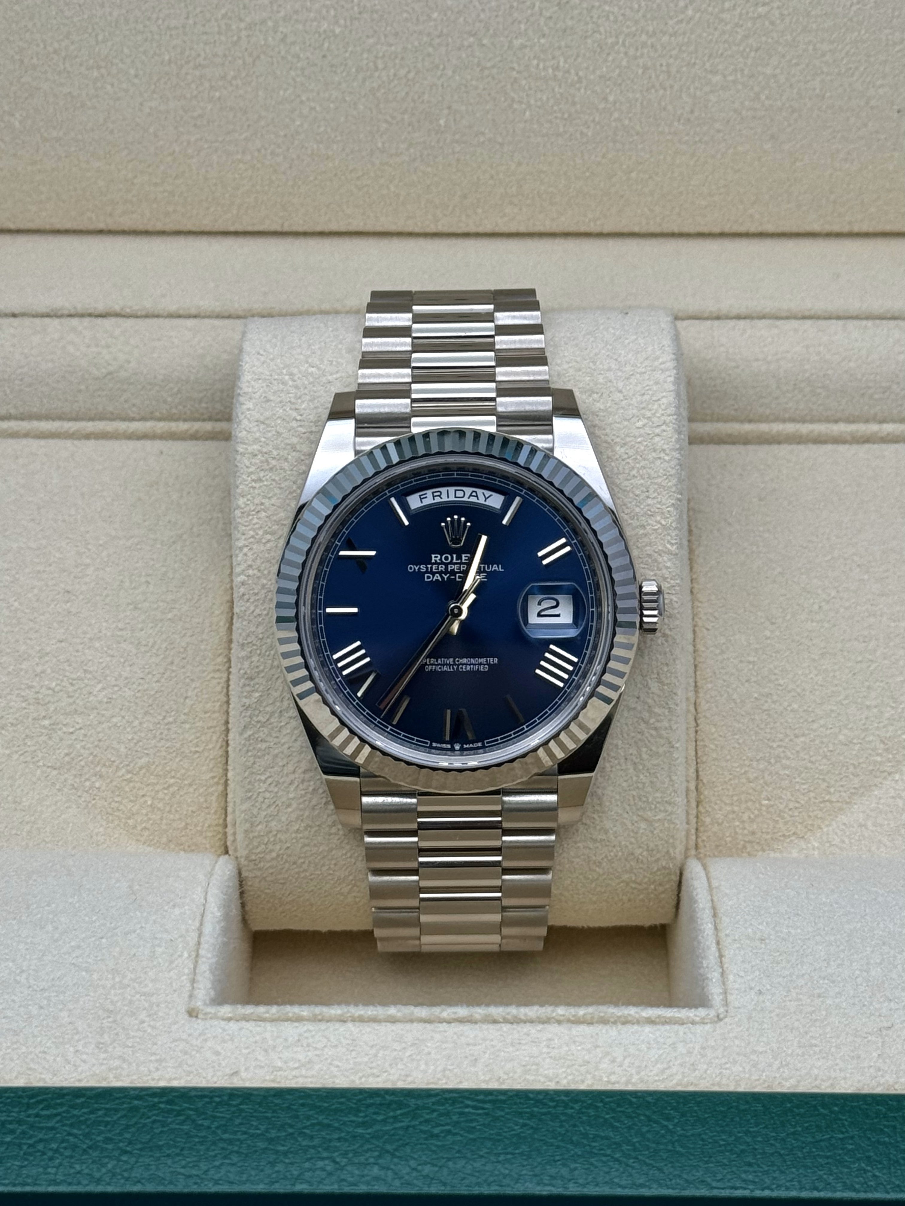 Rolex White Gold Day-Date 40  - Blue Bevelled Roman Dial - President Bracelet - 228239 blrp
