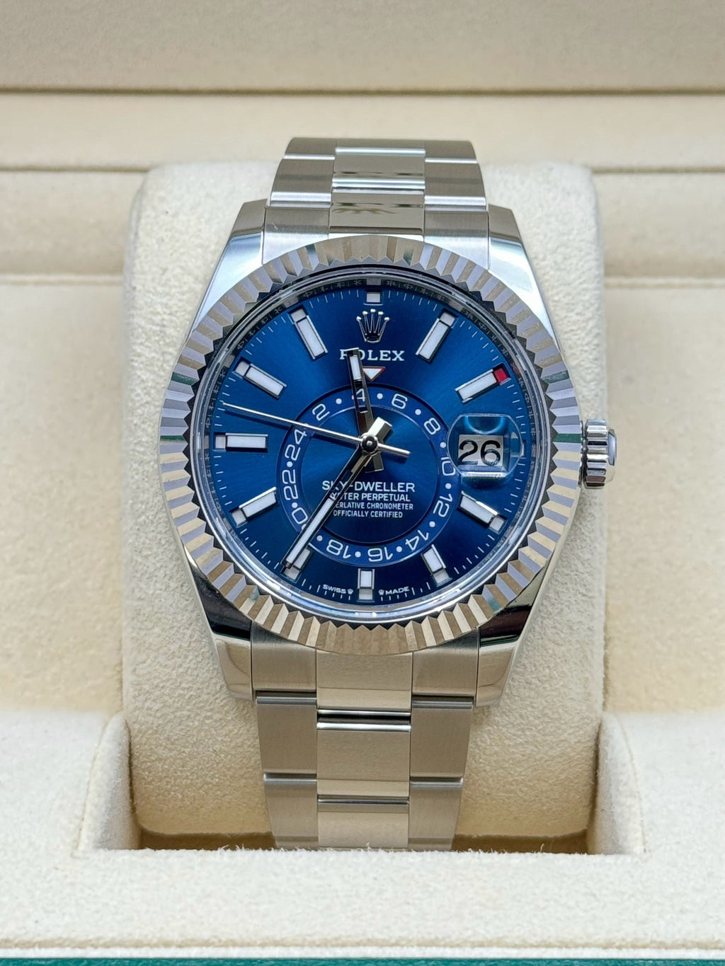 Rolex White Rolesor Sky-Dweller  - Fluted Ring Command Bezel - Blue Index Dial - Oyster Bracelet - 336934