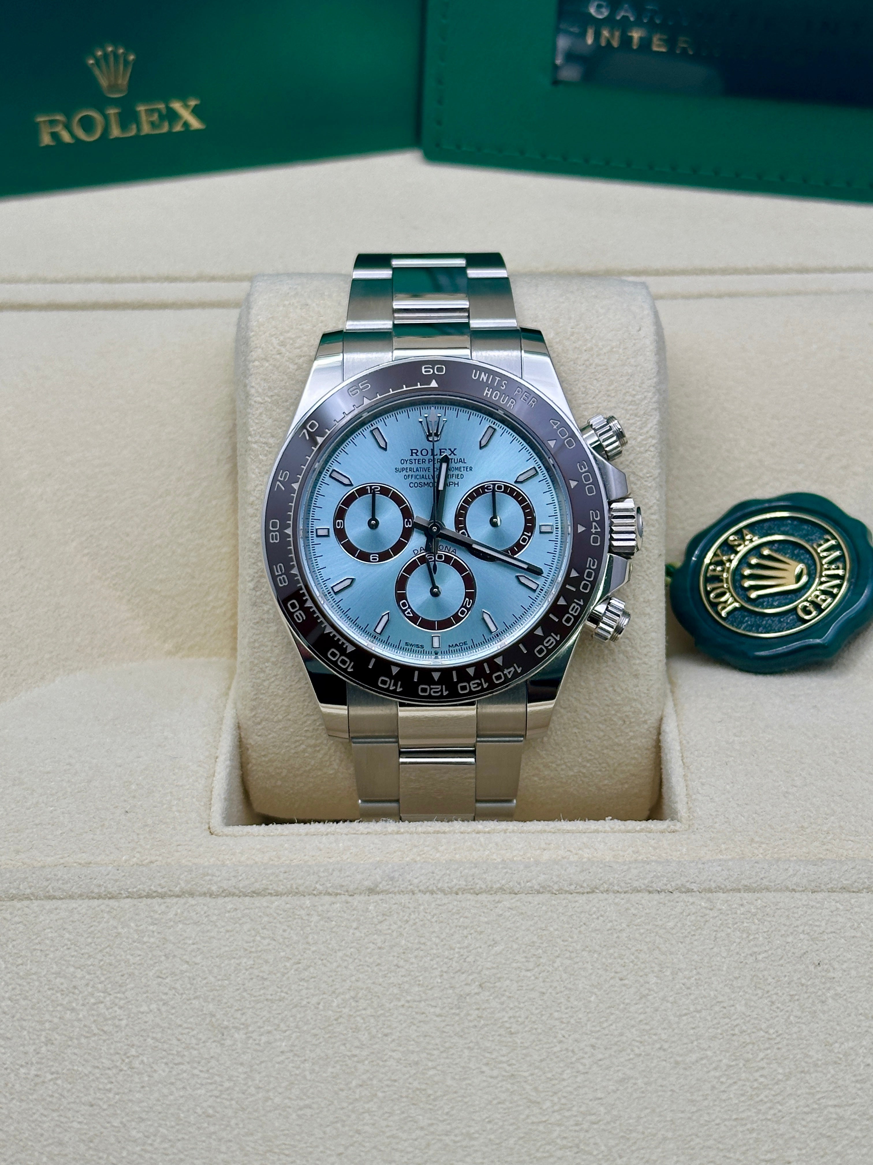 Rolex Platinum  Daytona  - Chestnut Brown Cerachrom Bezel - Ice Blue Index Dial - Oyster Bracelet - 126506 ibio
