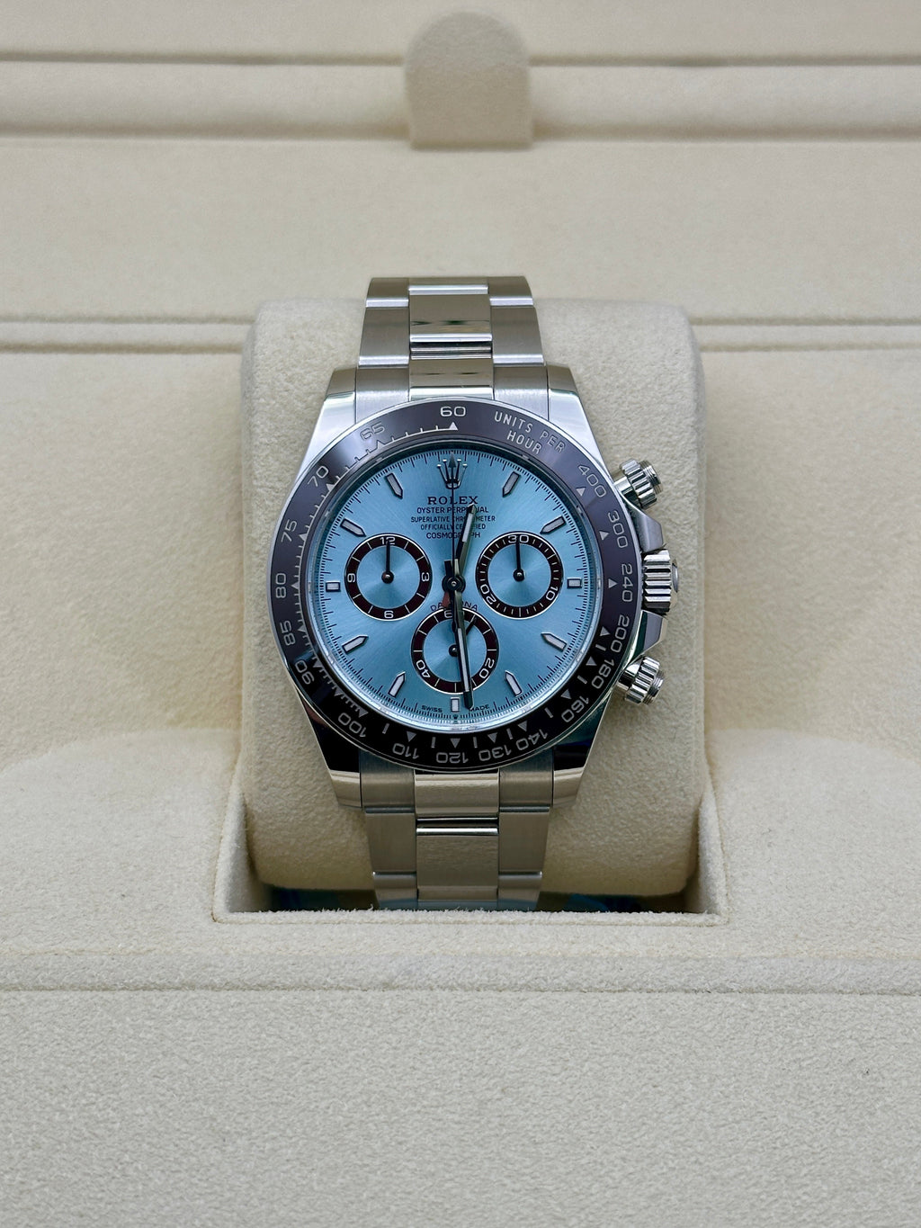 Rolex Platinum  Daytona  - Chestnut Brown Cerachrom Bezel - Ice Blue Index Dial - Oyster Bracelet - 126506 ibio