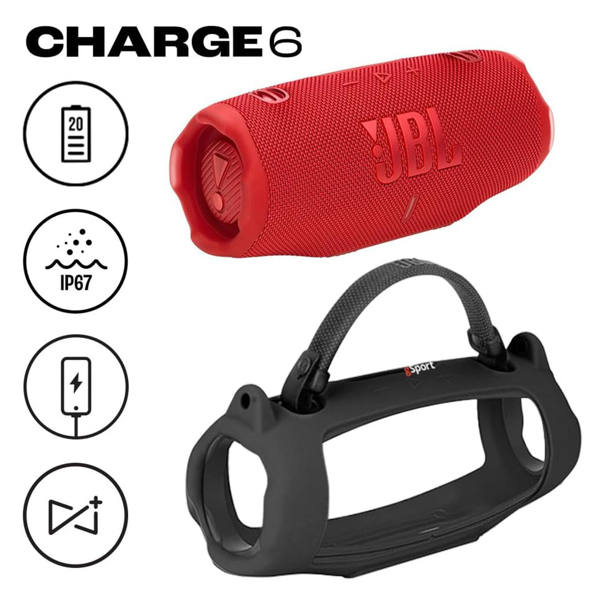 JBL Charge 6 Waterproof Portable Speaker Bundle with gSport Silicone Sleeve (RED)