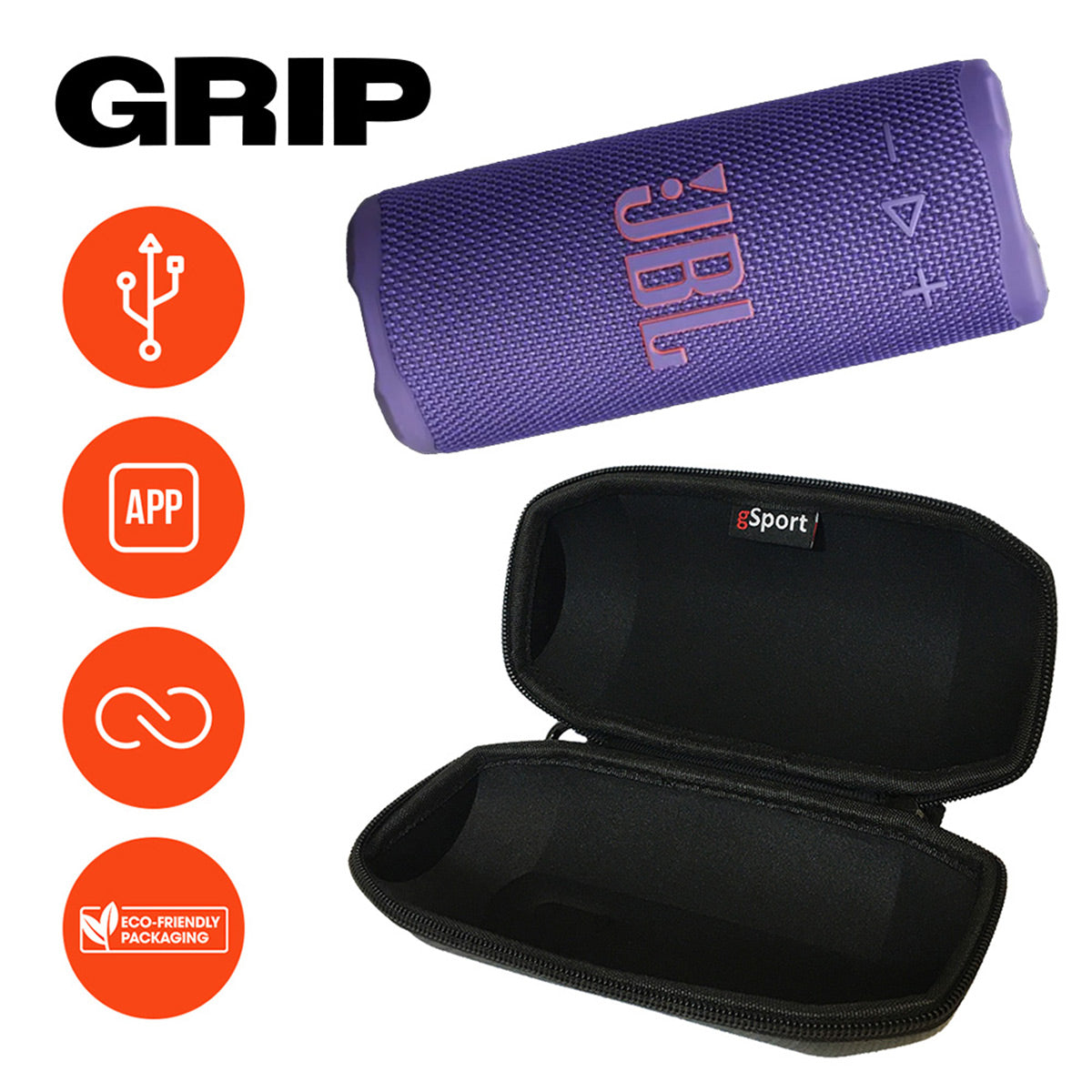 JBL Grip Compact Portable Bluetooth Speaker Bundle with gSport Case (Purple)