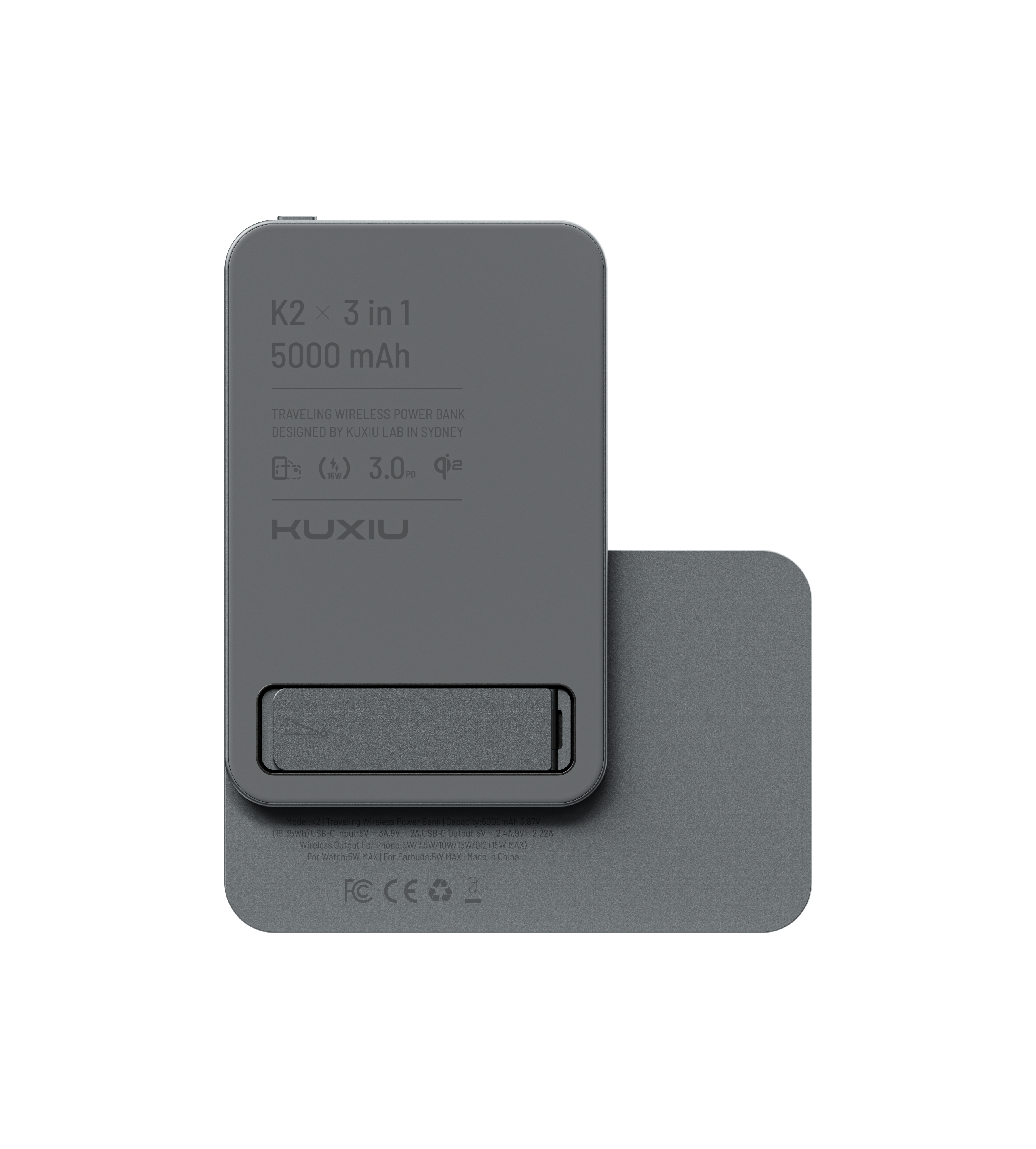 KUXIU K2 Qi2 15W Fast Charging 3-in-1 MagSafe Power Bank - Gray