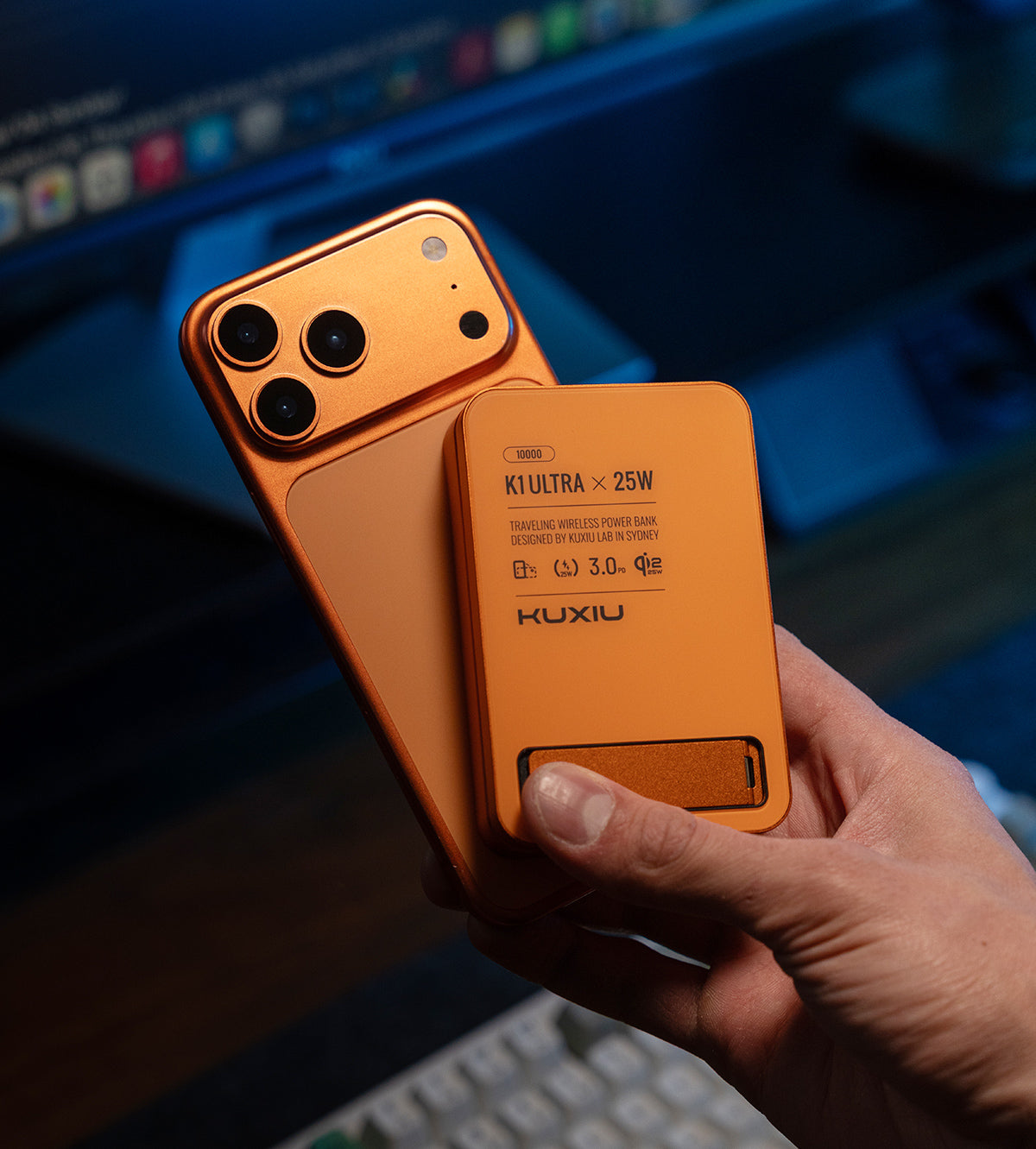 KUXIU K1 Ultra 10000mAh 25W Fast Charging 3-in-1 MagSafe Wireless Power Bank - Cosmic Orange