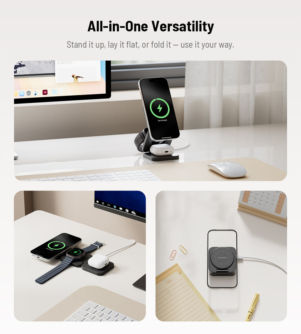 KUXIU X55 Turbo Qi2.2 Certified 25W 3-in-1 MagSafe Foldable Wireless Charging Stand  - Black