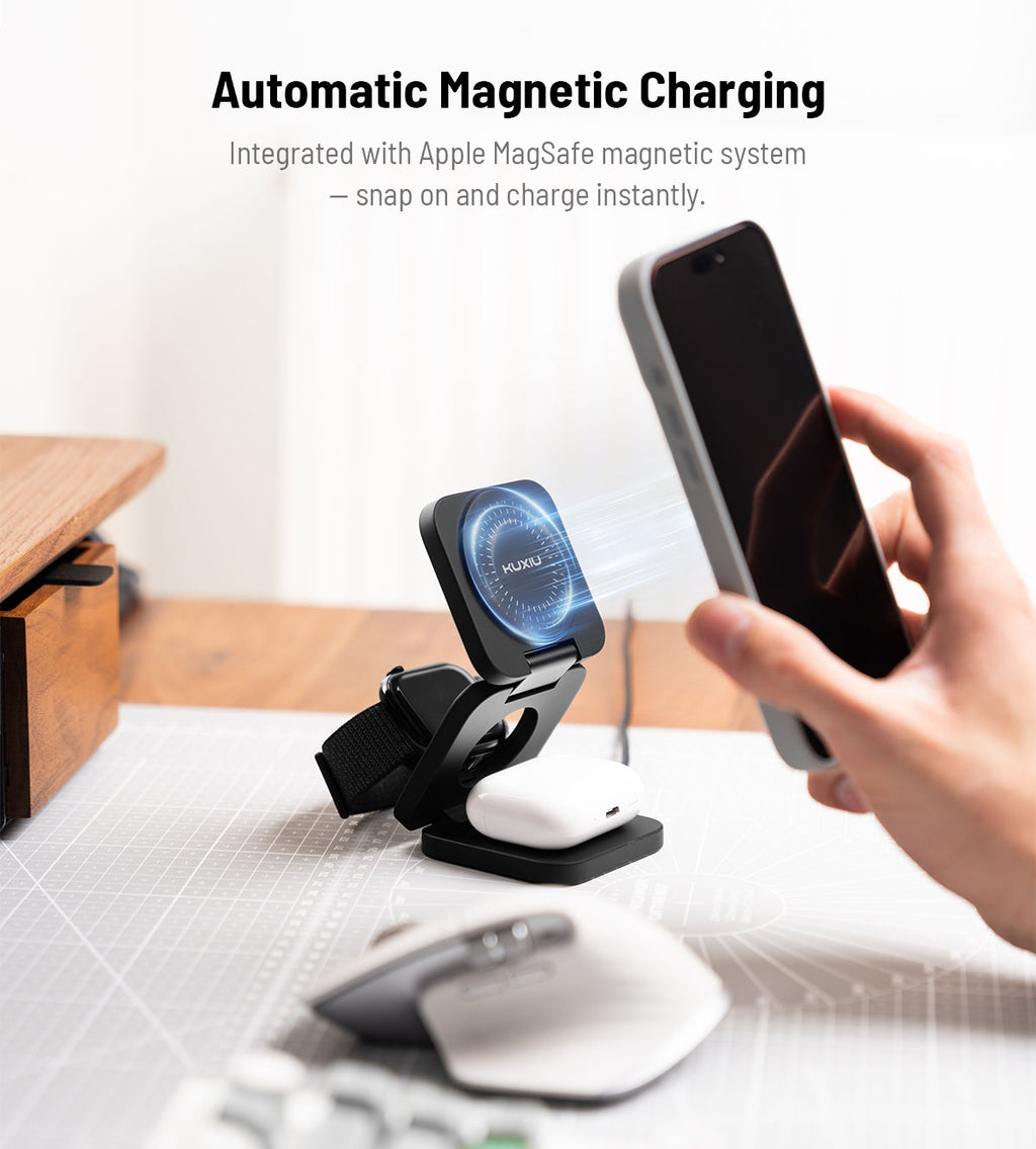 KUXIU X55 Turbo Qi2.2 Certified 25W 3-in-1 MagSafe Foldable Wireless Charging Stand  - Black