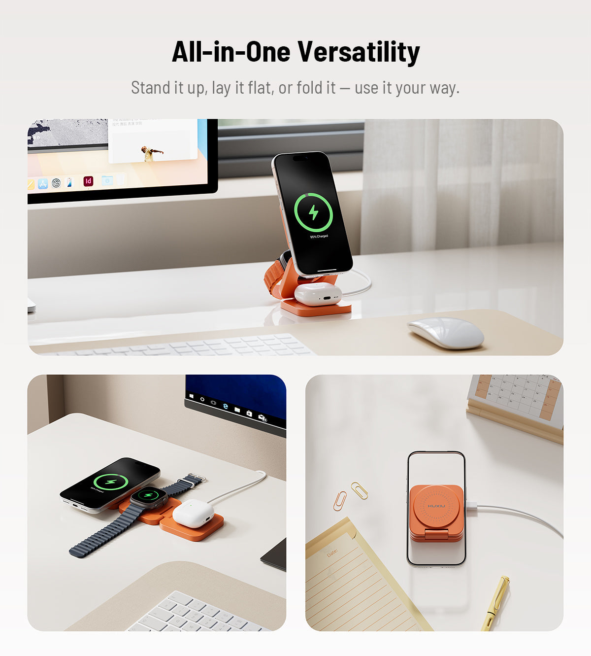 KUXIU X55 Turbo Qi2.2 Certified 25W 3-in-1 MagSafe Foldable Wireless Charging Stand  - Orange