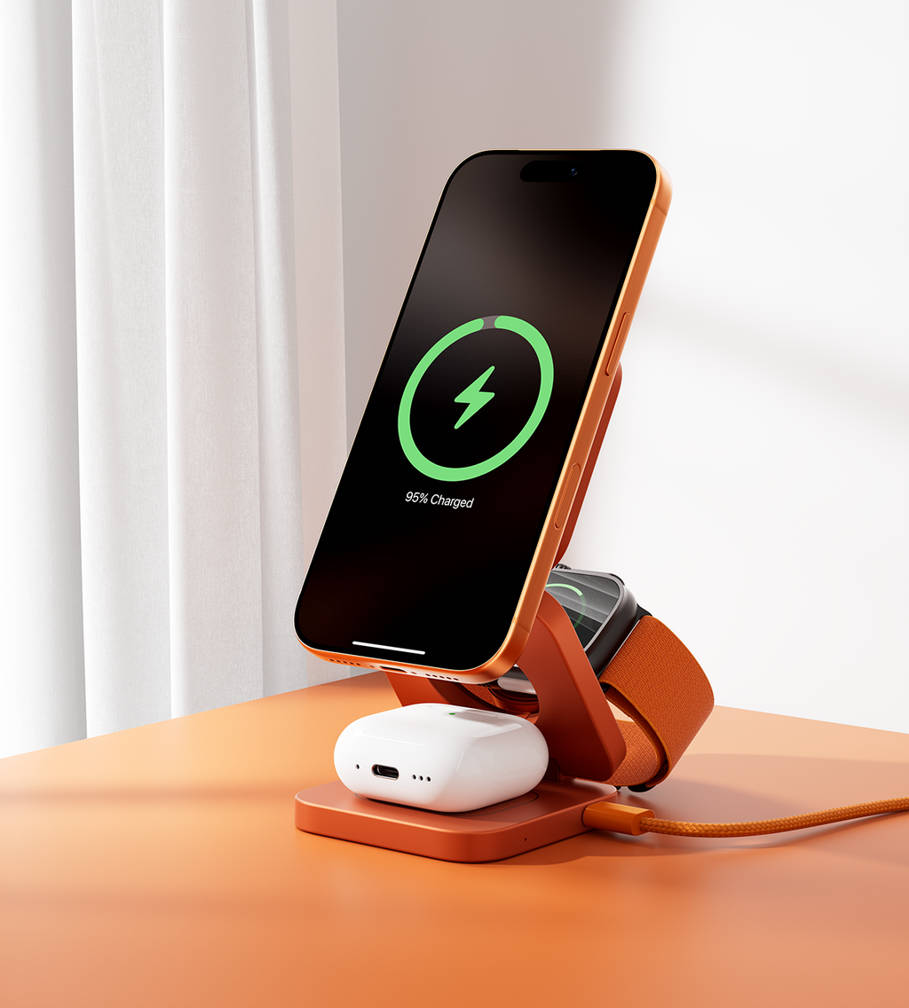 KUXIU X55 Turbo Qi2.2 Certified 25W 3-in-1 MagSafe Foldable Wireless Charging Stand  - Orange