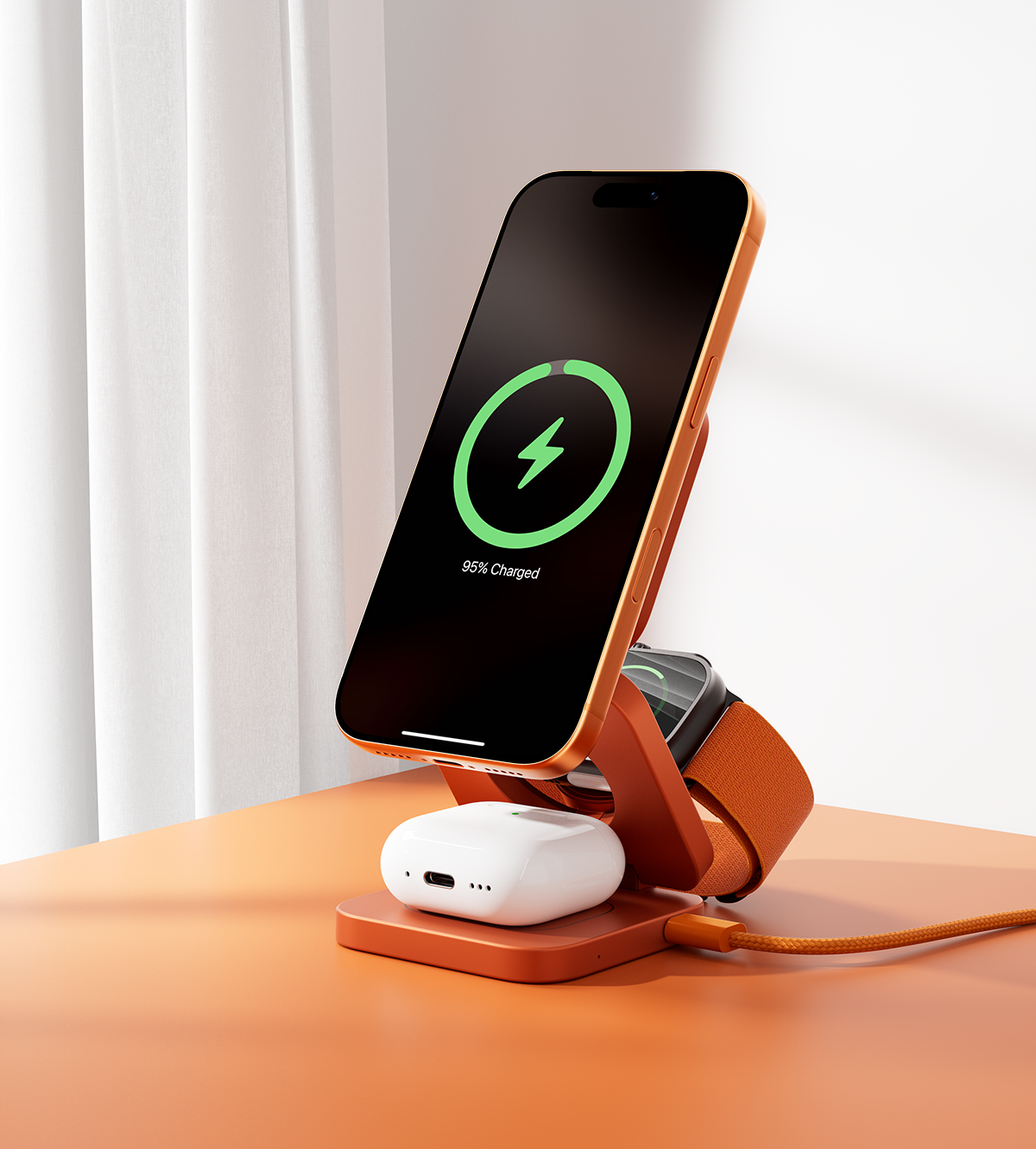 KUXIU X55 Turbo Qi2.2 Certified 25W 3-in-1 MagSafe Foldable Wireless Charging Stand  - Orange
