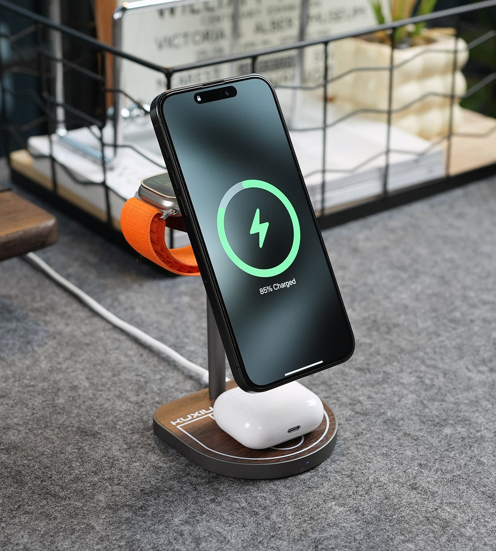 KUXIU Qi2 3-Point Power Creative 3-in-1 MagSafe Charging Stand - Wood Grain