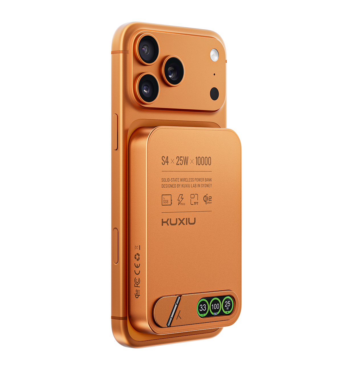 KUXIU S4 Qi2.2 25W 10000mAh Aluminum Alloy Semi-Solid Safe Wireless Power Bank — Cosmic Orange