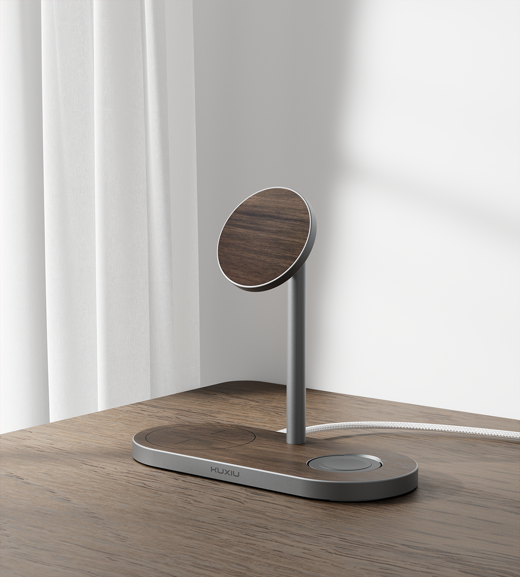 KUXIU X23 Pro 4-in-1 MagSafe Dual-Core Fast Charging Stand  - Wood Grain